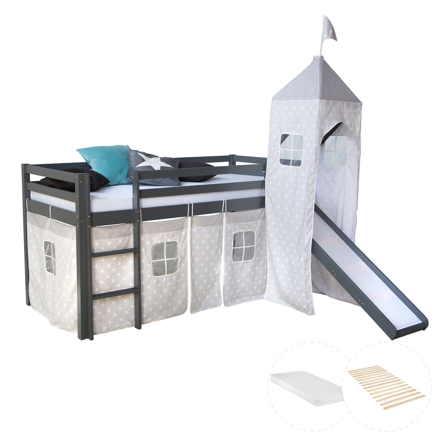 Kinderhochbett in Grau mit Elementen aus Kiefernholz, Lattenrost, Matratze, Rutsche, Spielturm, Spielvorhang und Sternenmotiv. Das dunkle Hochbett ist mit Stoffvorhängen unter der Liegefläche, Matratze und Kissen vor weißem Hintergrund abgebildet. Leiter,