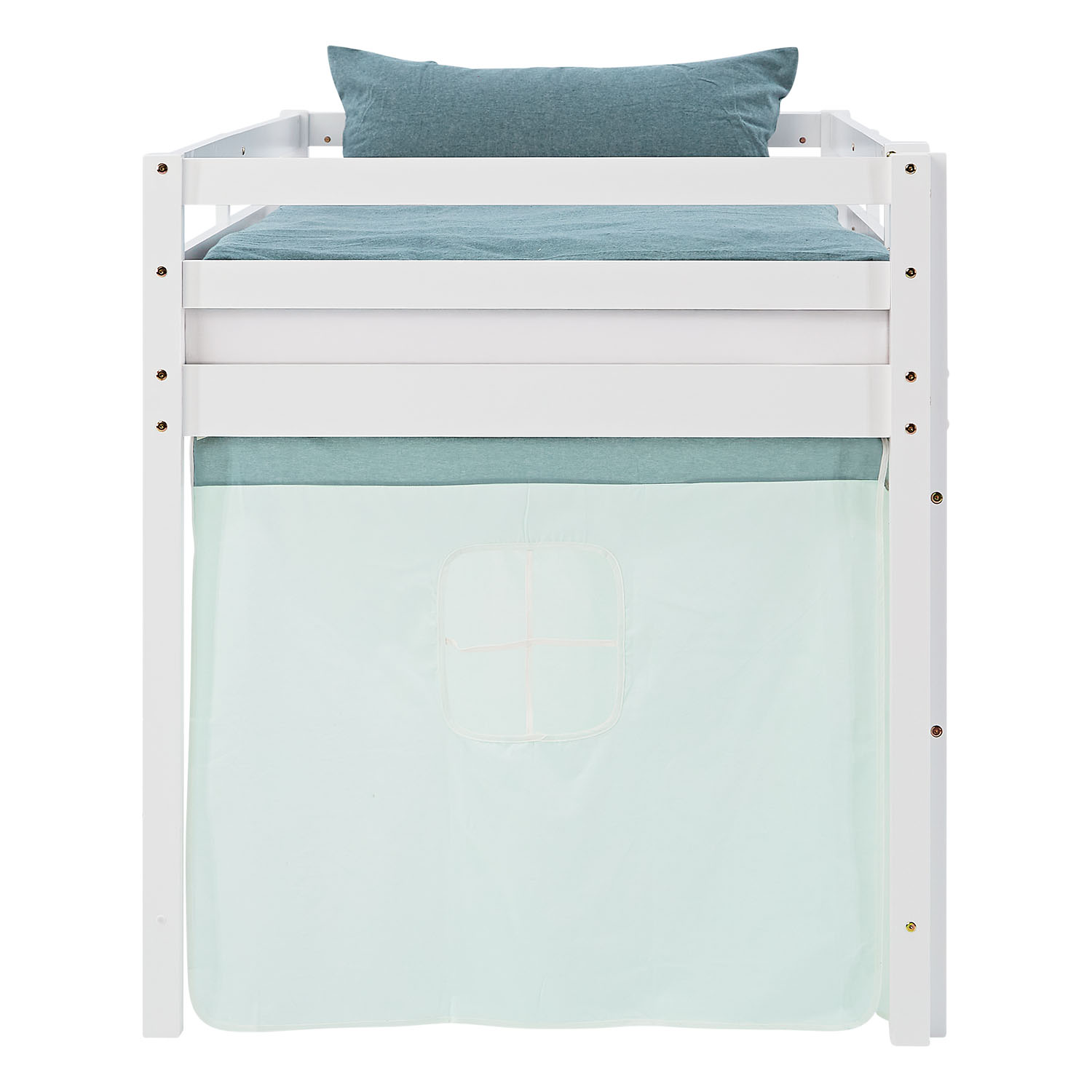 Children's Loft Bed 90x200 cm White with Mint Green Curtain | Includes Slatted Base