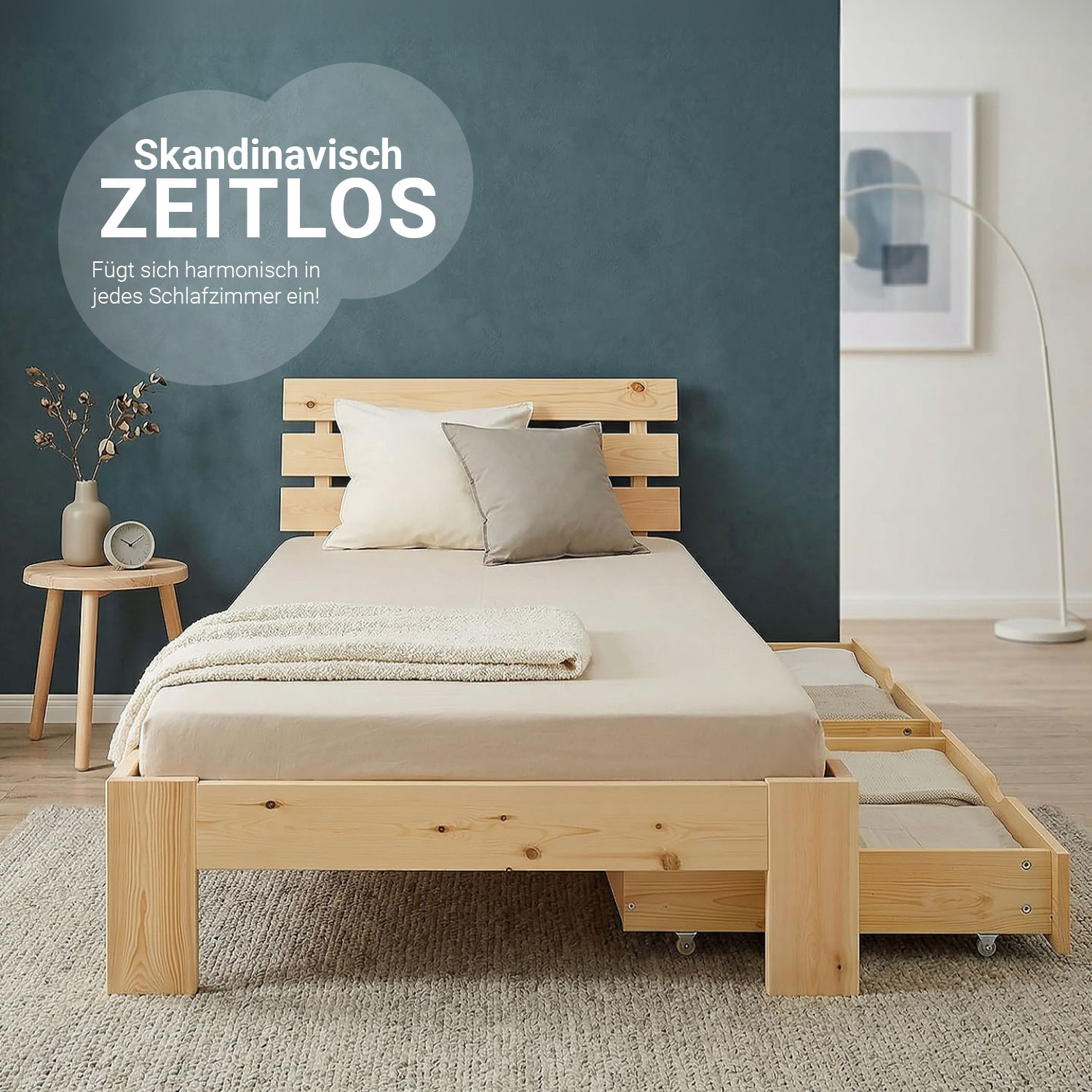 Wooden Bed 90x200 cm, Natural | Single Bed with 2 Underbed Drawers | Incl. Slatted Base | Solid Wood | Child, Teen & Guest Bedroom