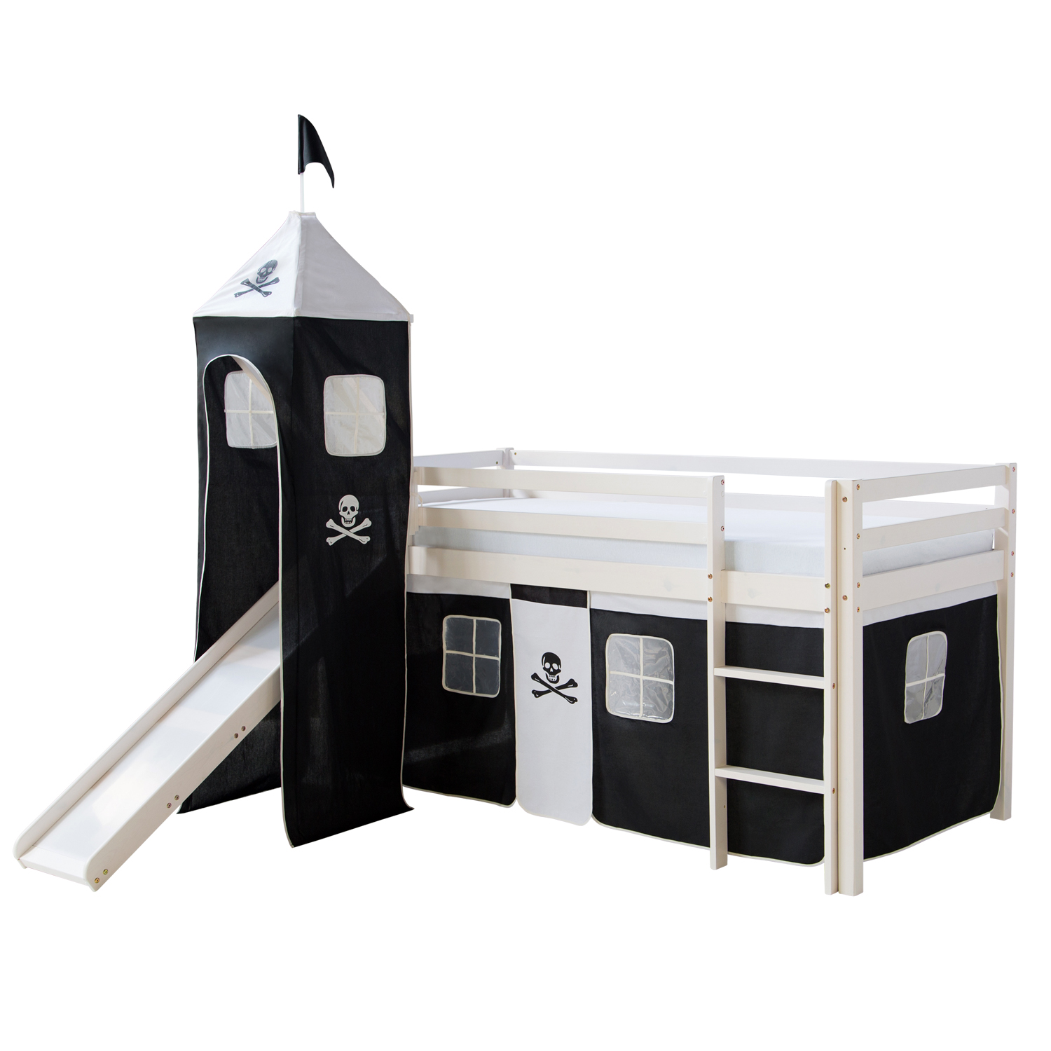 Loft Bed Kids 90x200 cm White with Curtain in Black | Tower | Slide | without Slatted Frame Loftbed 90x200 cm Bunk bed Childrens bed Solid Pine Wood Tower Tunnel Curtain Black Pirate Slide Mattress Slats