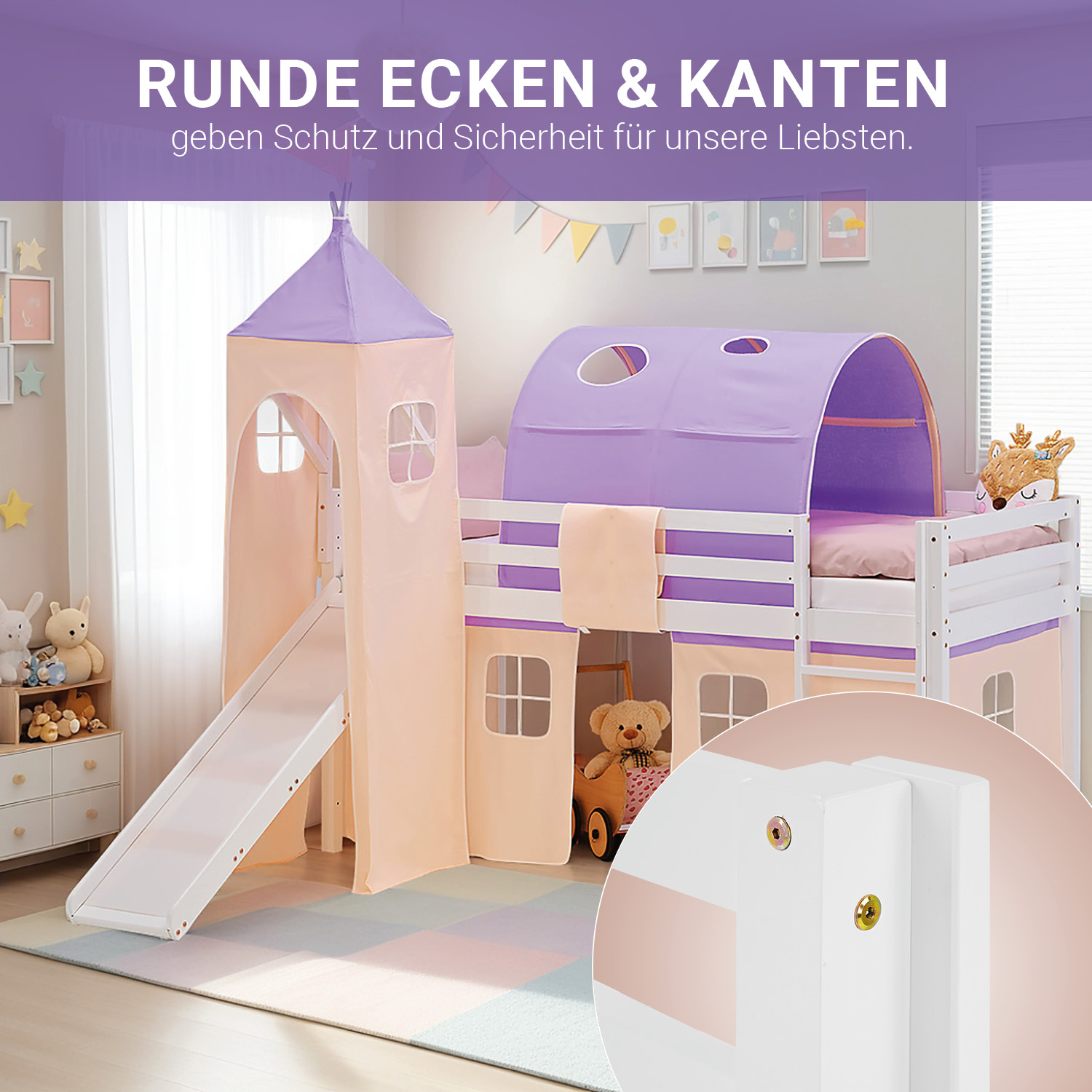 Loft Bed for Kids 90x200 cm White with Curtain in Lilac Beige | Slide | Tower | Tunnel | with Slatted Frame and Mattress