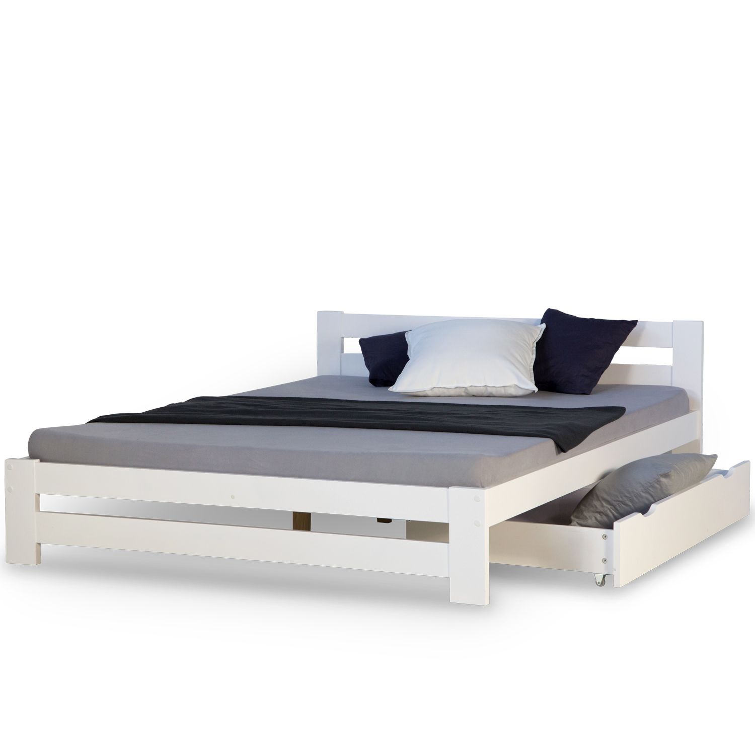Wooden Bed 140x200 cm White – Solid Wood Double Bed with Storage & Slatted Base