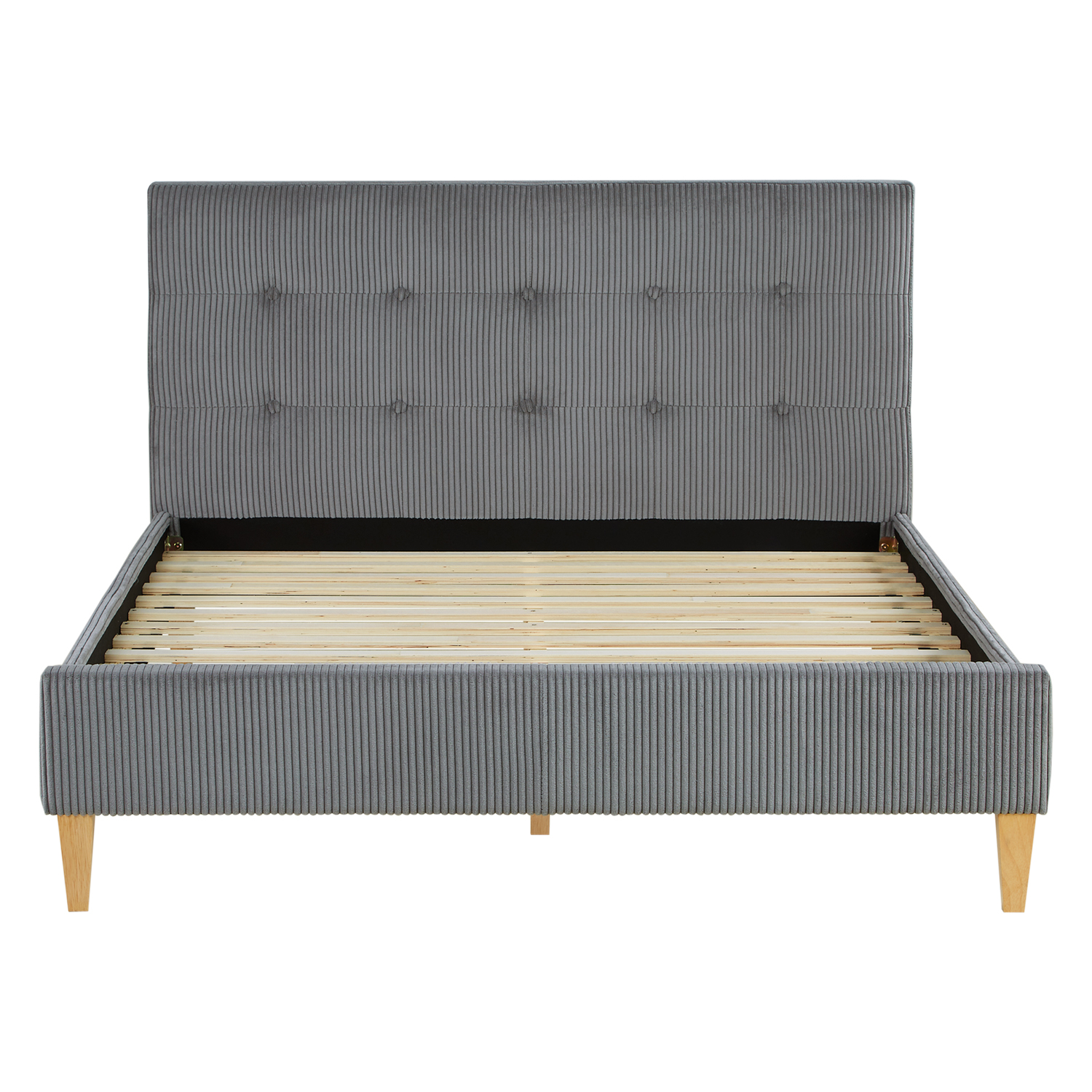 Small Double Bed 140x200 cm with Mattress Upholstered Bed Grey Cord with Slatted Frame Fabric Bed Frame