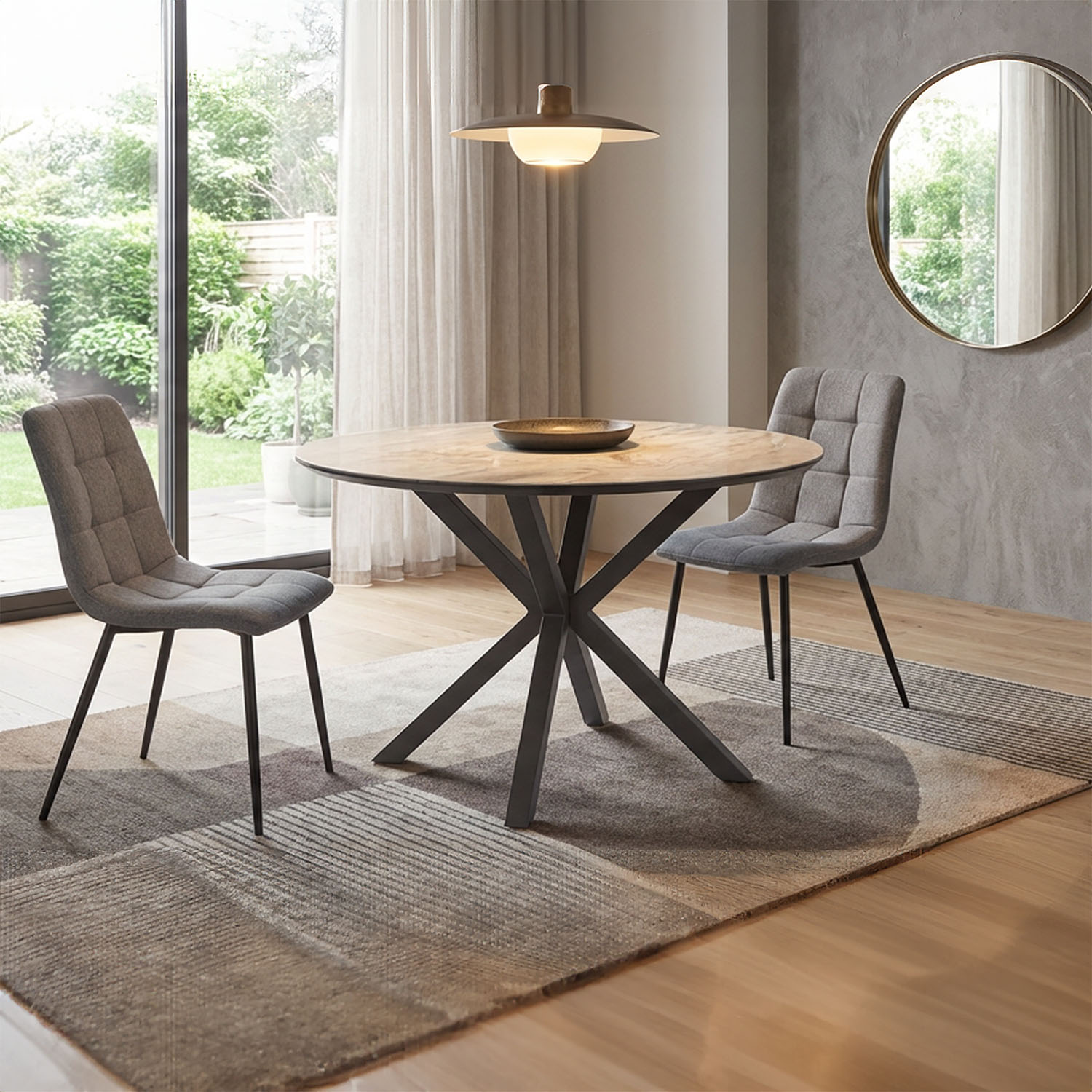 Esstisch mit 2 oder 4 Stühlen Set Essgruppe Polsterstühle Samt Leinen Grau Esszimmertisch Rund Ø 110 cm Modern