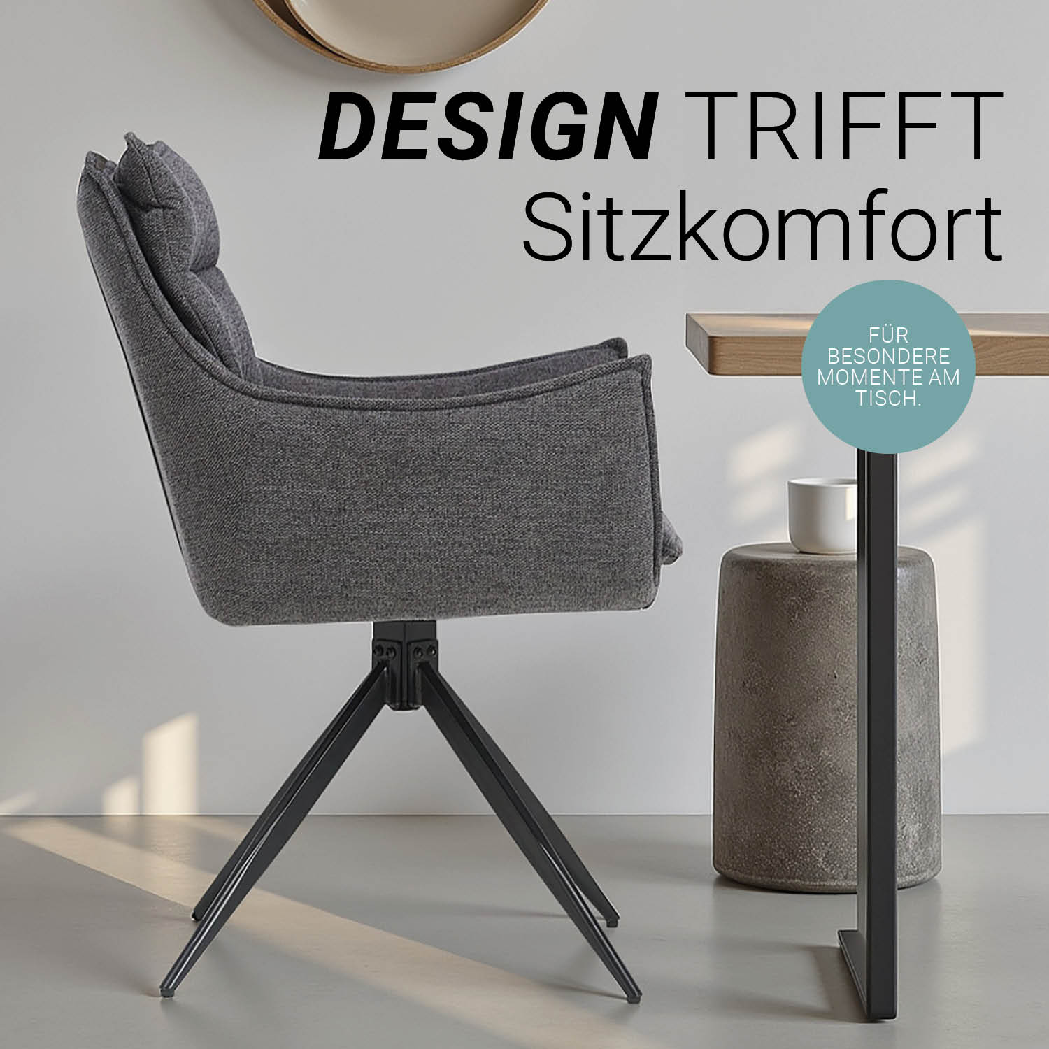 Upholstered Chair Fabric Anthracite | Set of 4 | swivel | with Armrests | Kitchen Dining Room Office