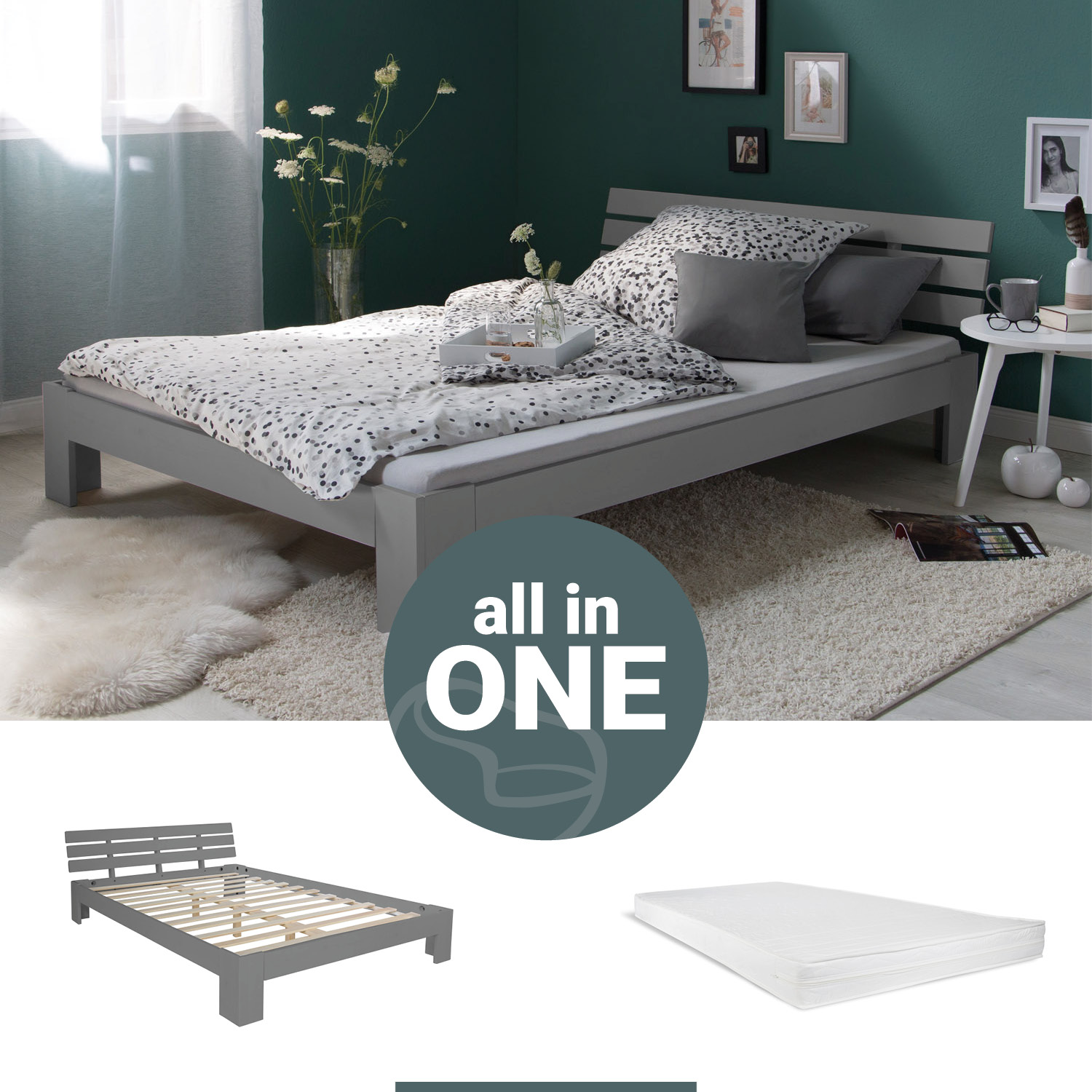 Double Bed with Mattress and Slatted Frame 140x200 Bed Grey Solid Pine Bedstead Wooden Bed Futon Bed