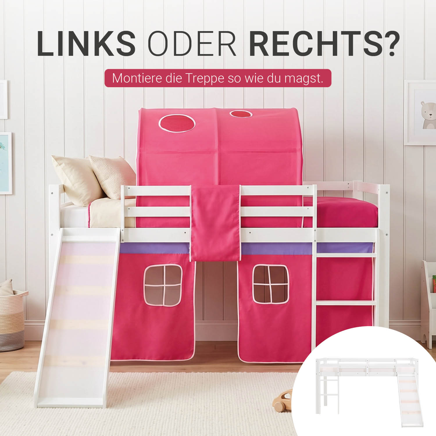 Children's Loft Bed 90x200 cm, White with Pink Curtain | Tunnel | Slide | Includes Slatted Base