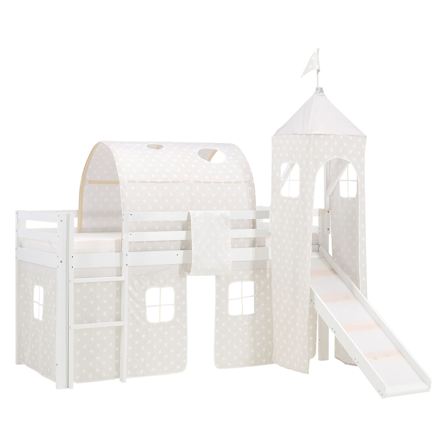 Loftbed 90x200 cm Bunk bed Childrens bed Solid Pine Wood Tower Tunnel Curtain Grey Stars Slide Mattress Slats