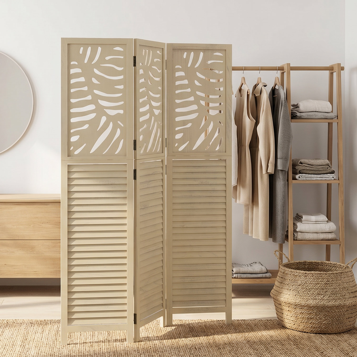 3-Panel "Natur" Folding Screen – Wooden Room Divider with Rattan Look & Pattern