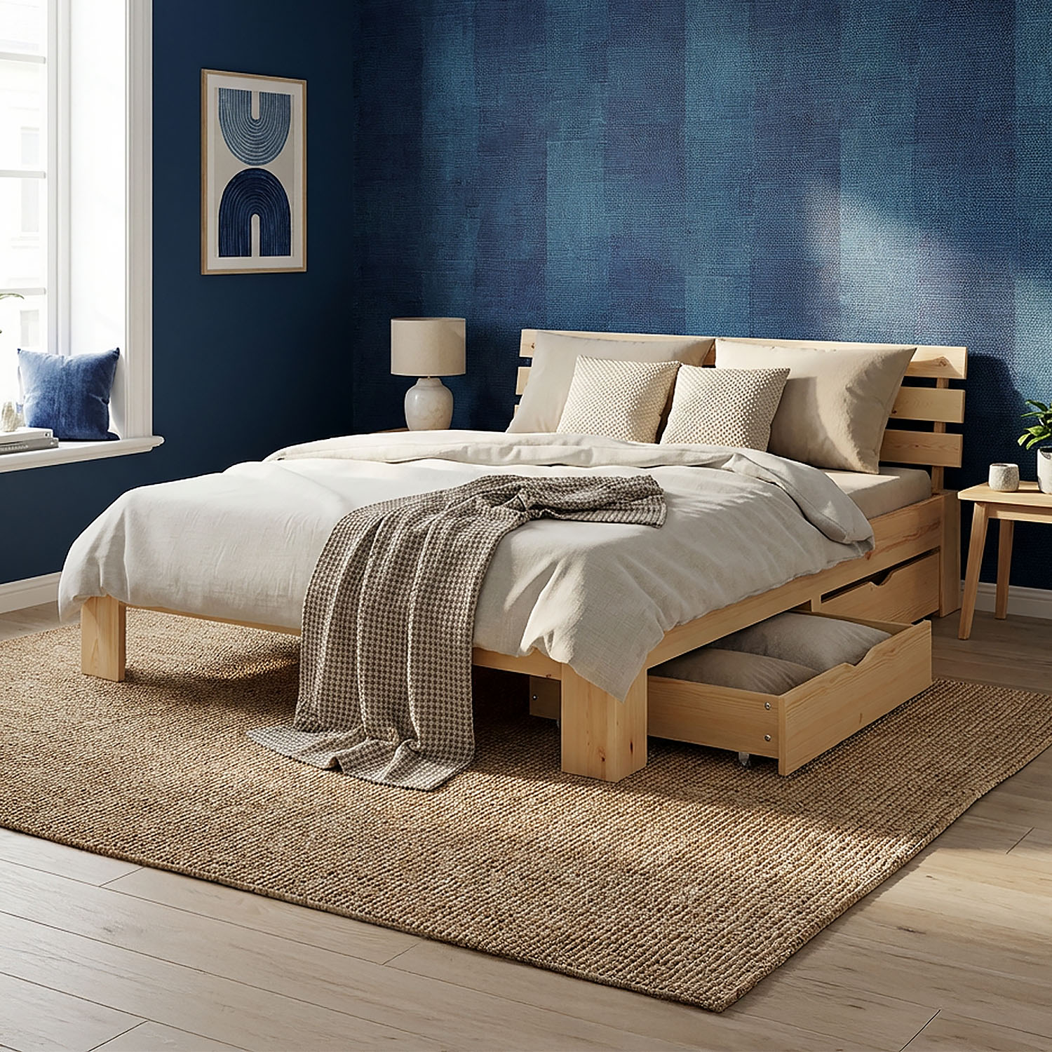 Wood Bed 120x200 cm Natural | Double Bed | with 2 Drawers | Solid | Kids Youth Guest Bedroom