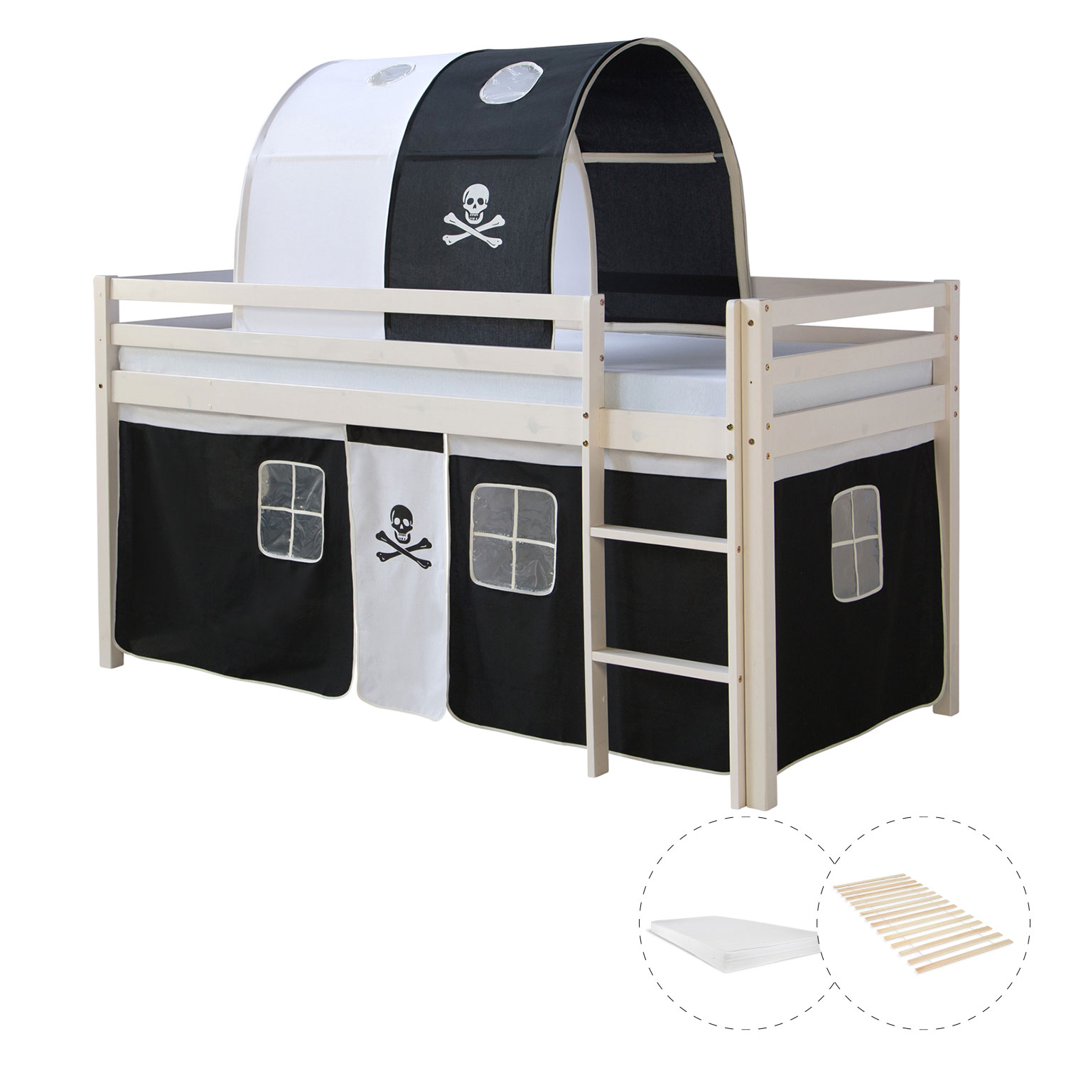 Loftbed 90x200 cm with Mattress Bunk bed Childrens bed Solid Pine Wood Slats Tunnel Curtain Black Pirate