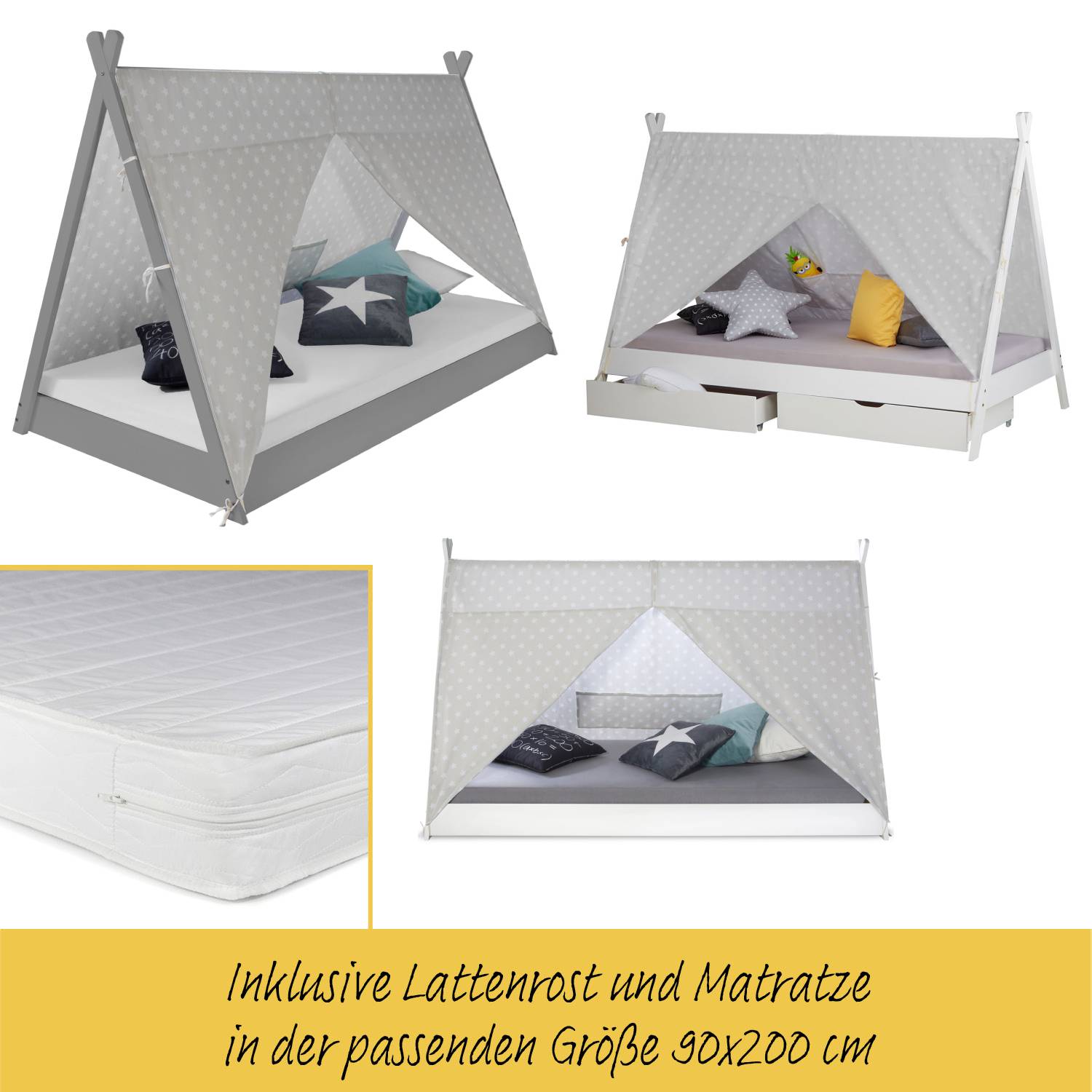 Children's Bed with Mattress TIPI 90x200 Youth Bed White Grey Wooden Bed Kids Room Fabric Bed Drawer