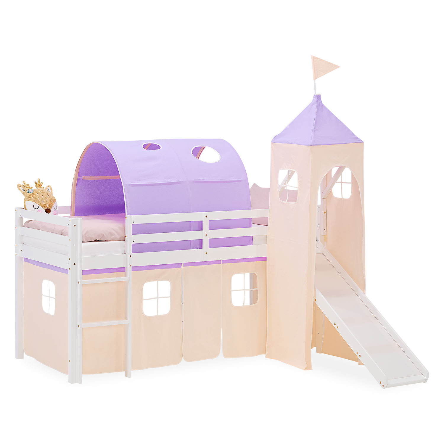 Hochbett Kinder 90x200 cm Kinderbett Kinderhochbett Stockbett Tunnel Vorhang Turm Lila Beige Rutsche Holz Massiv Lattenrost Matratze