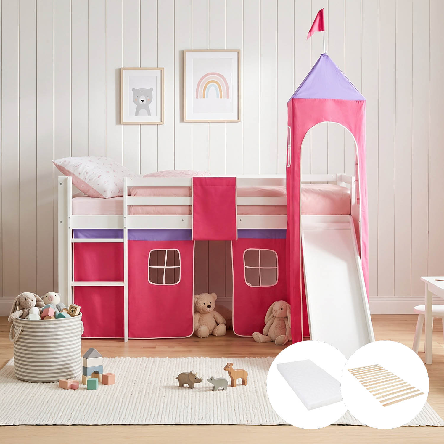 Children's Loft Bed 90x200 cm White with Pink Curtain | Tower | Slide | Includes Slatted Base | Includes Mattress