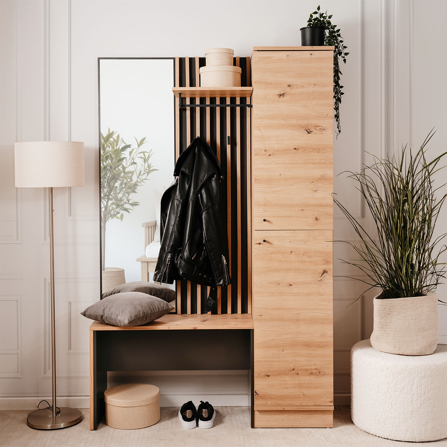 Industrial Look Wardrobe with Bench Hallway Furniture Mirror Hall Unit Hallway Wardrobe Oak Wood 3D Wall Panel Entryway Coat Rack