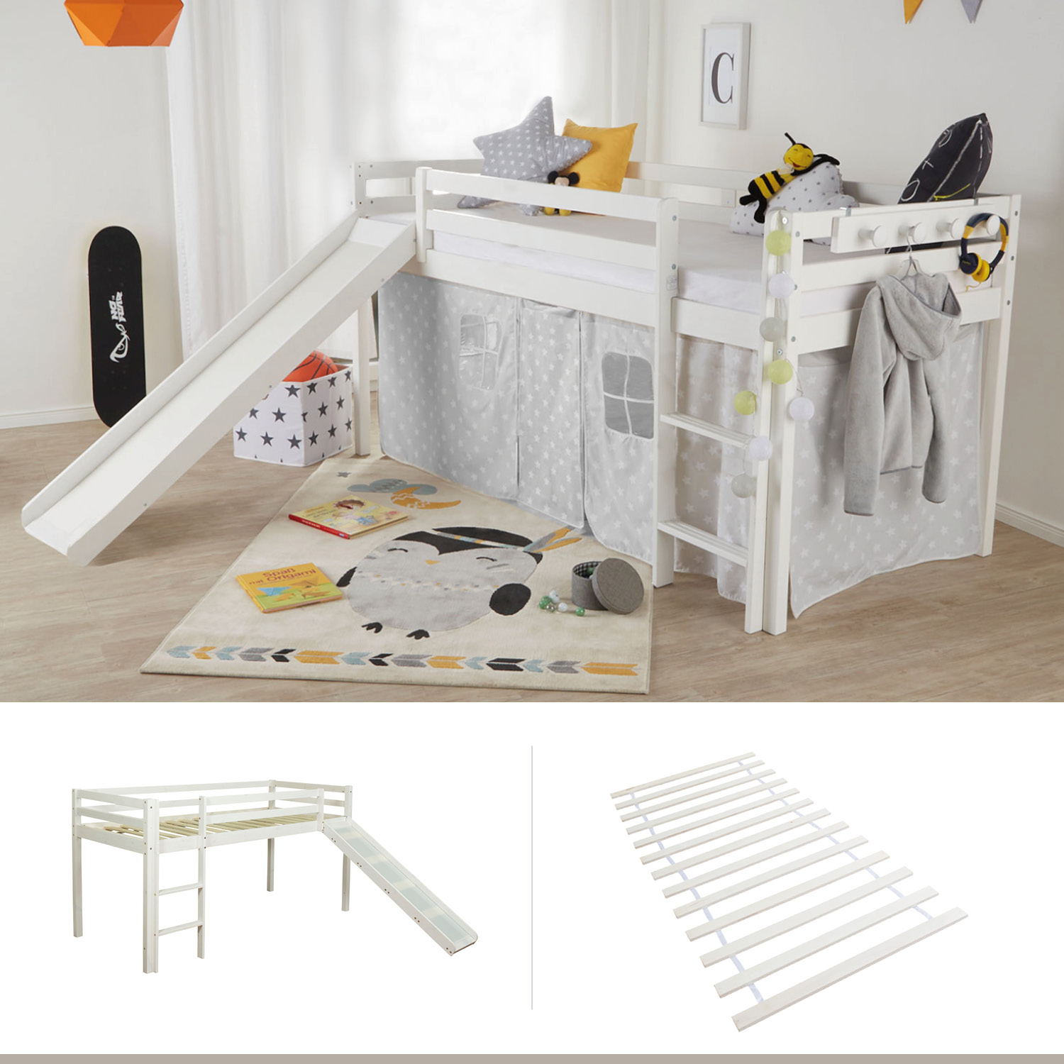 Loft Bed Kids 90x200 cm White Basic | Slide | with Slatted Frame