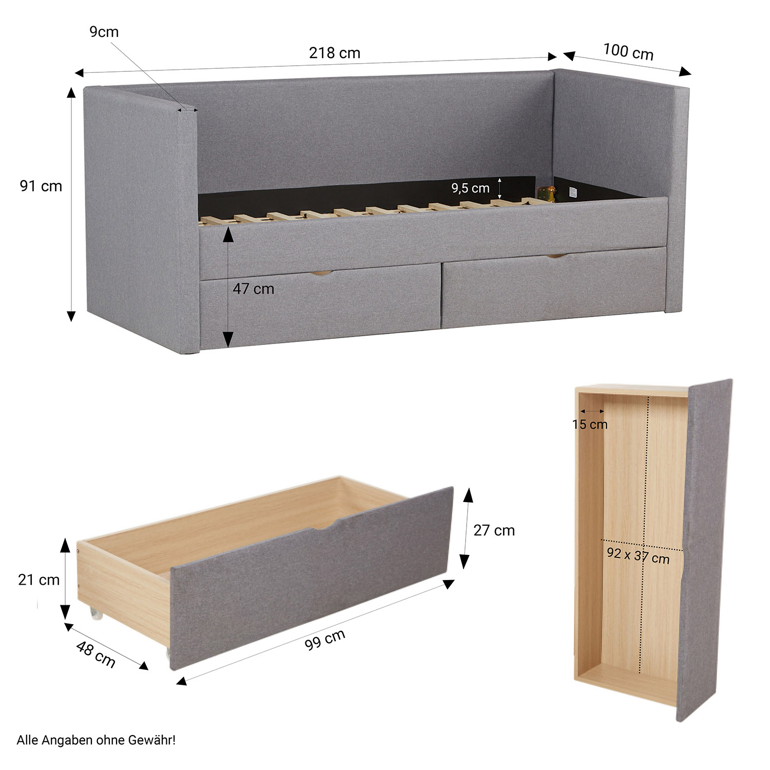 Upholstered Bed 90x200 Grey Bed Drawer Day Bed Sofa Bed Guest Bed Extendable