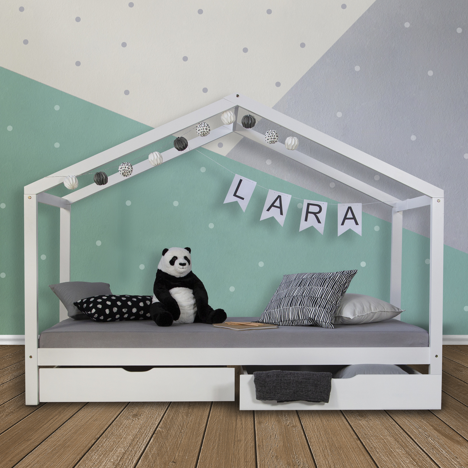 Children's Bed 90x200 cm White | House Bed with Drawers | Single Bed | with Slatted Frame | Wood