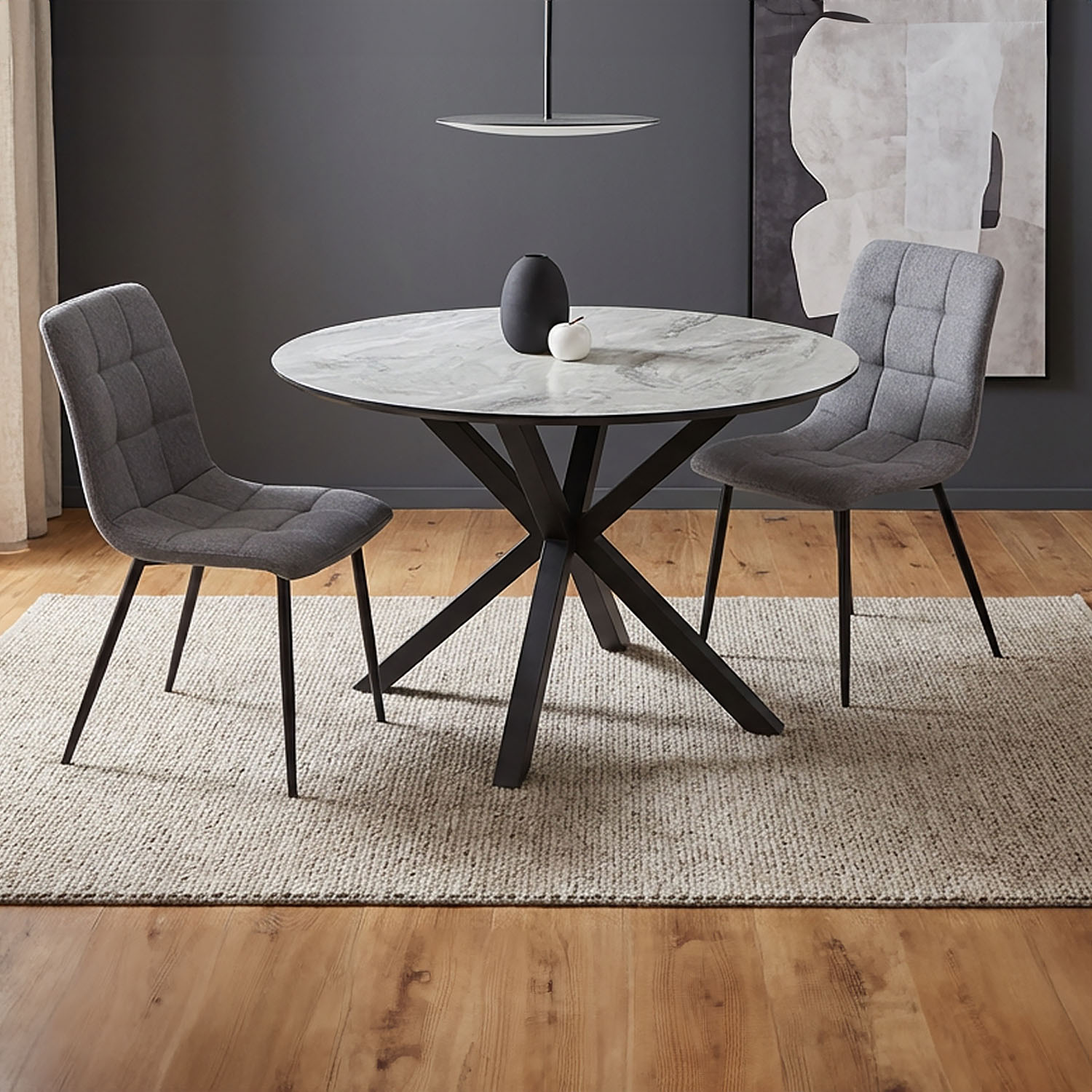 Dining set | 2-piece set upholstered chairs grey | dining table grey black metal frame round 110 cm