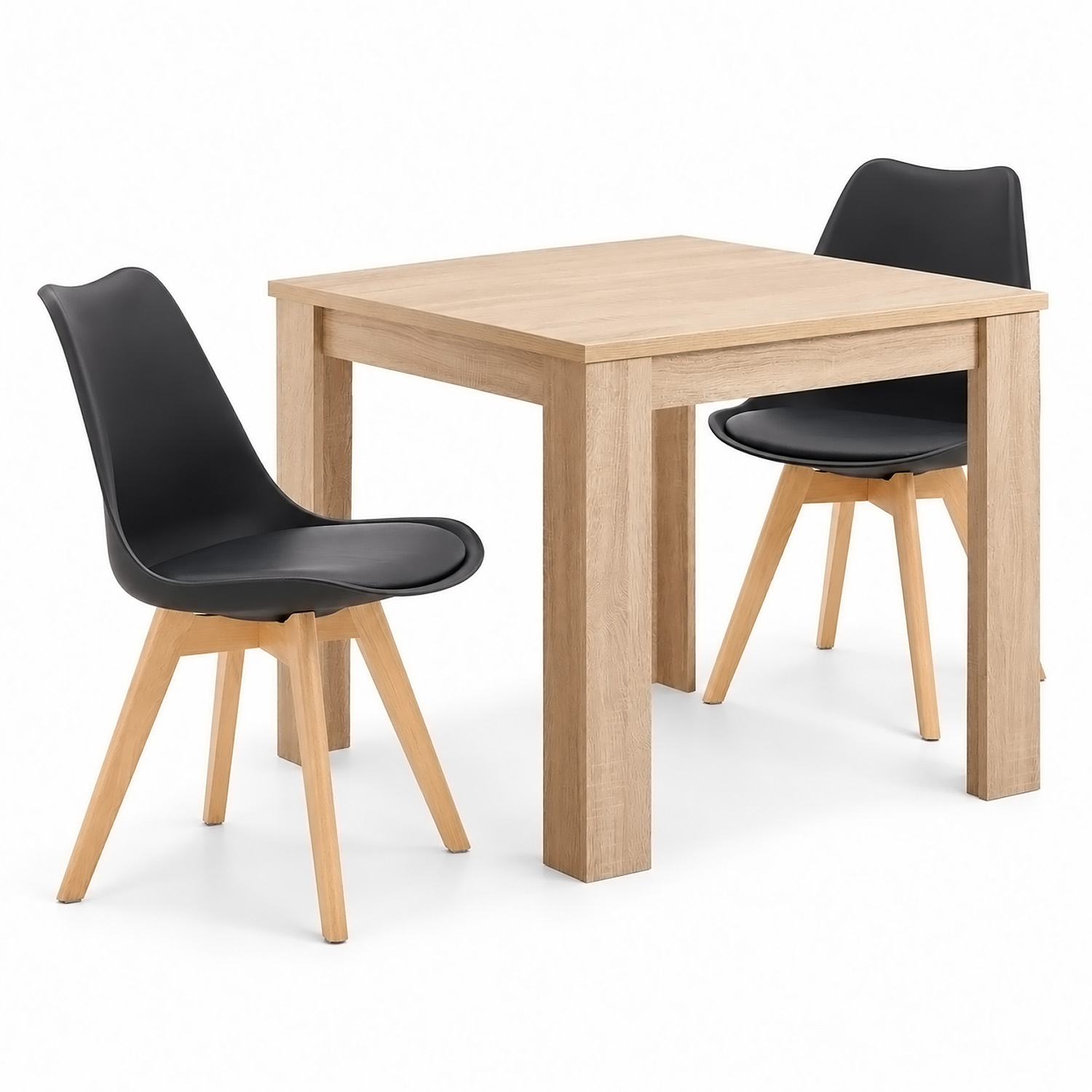 Dining Set (3-Piece): 80x80 cm oak dining table with 2 black plastic chairs and wooden legs