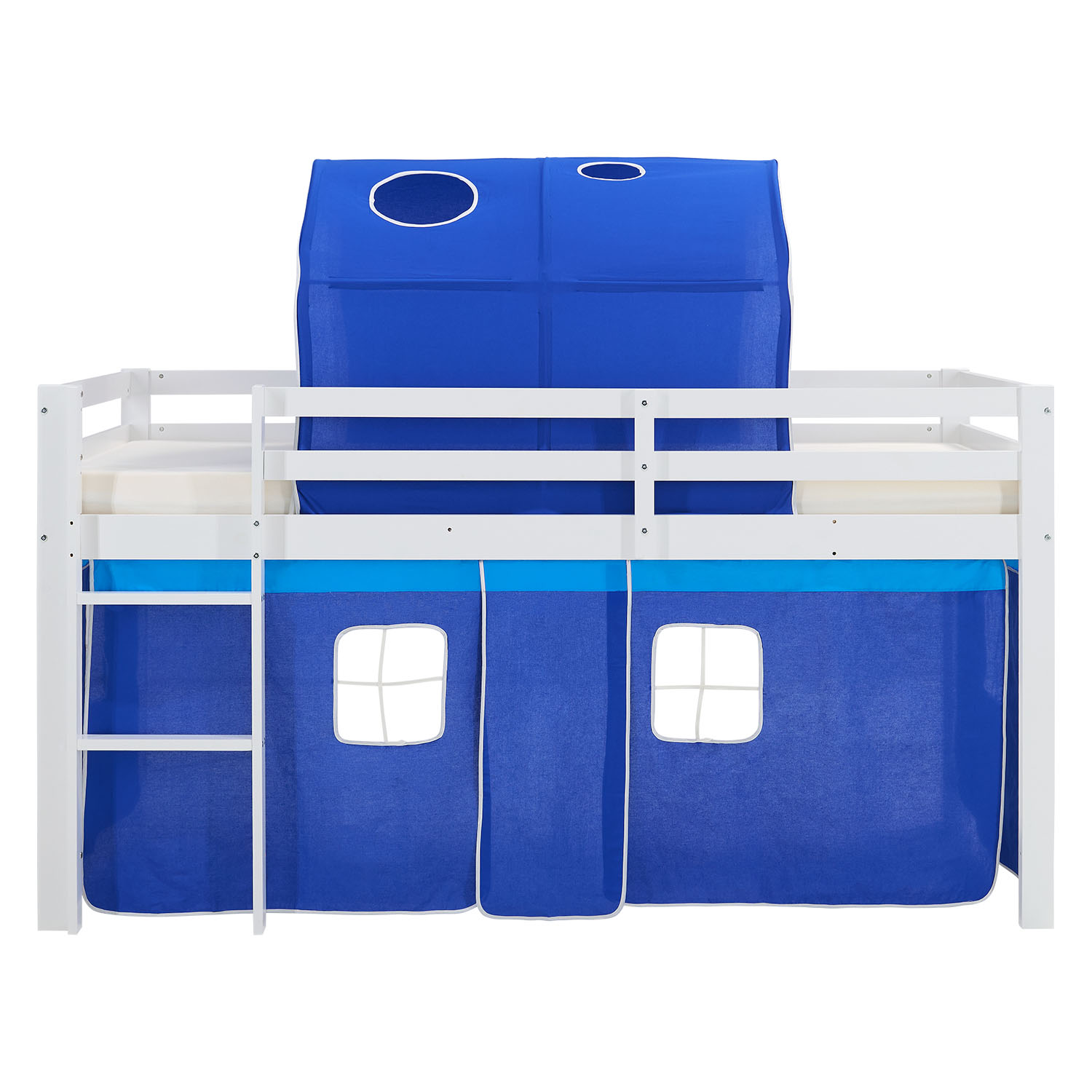 Children's Loft Bed 90x200 cm White with Blue Curtain | Tunnel | with Slatted Base | with Mattress