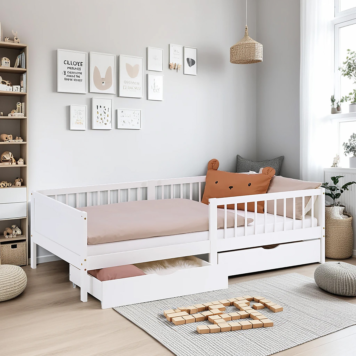 Children's Bed 90x200 cm White Natural | Wooden bed with 2 drawers | Single Bed | with Slatted Frame | Fall Protection