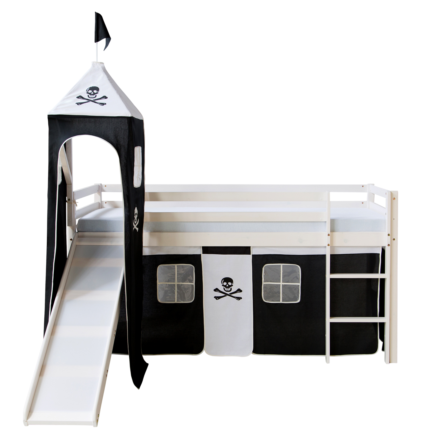 Loft Bed Kids 90x200 cm White with Curtain in Black | Tower | Slide | without Slatted Frame Loftbed 90x200 cm with Tower Slide Mattress Bunk bed Childrens bed Solid Pine Wood Slats Curtain Black Pirate