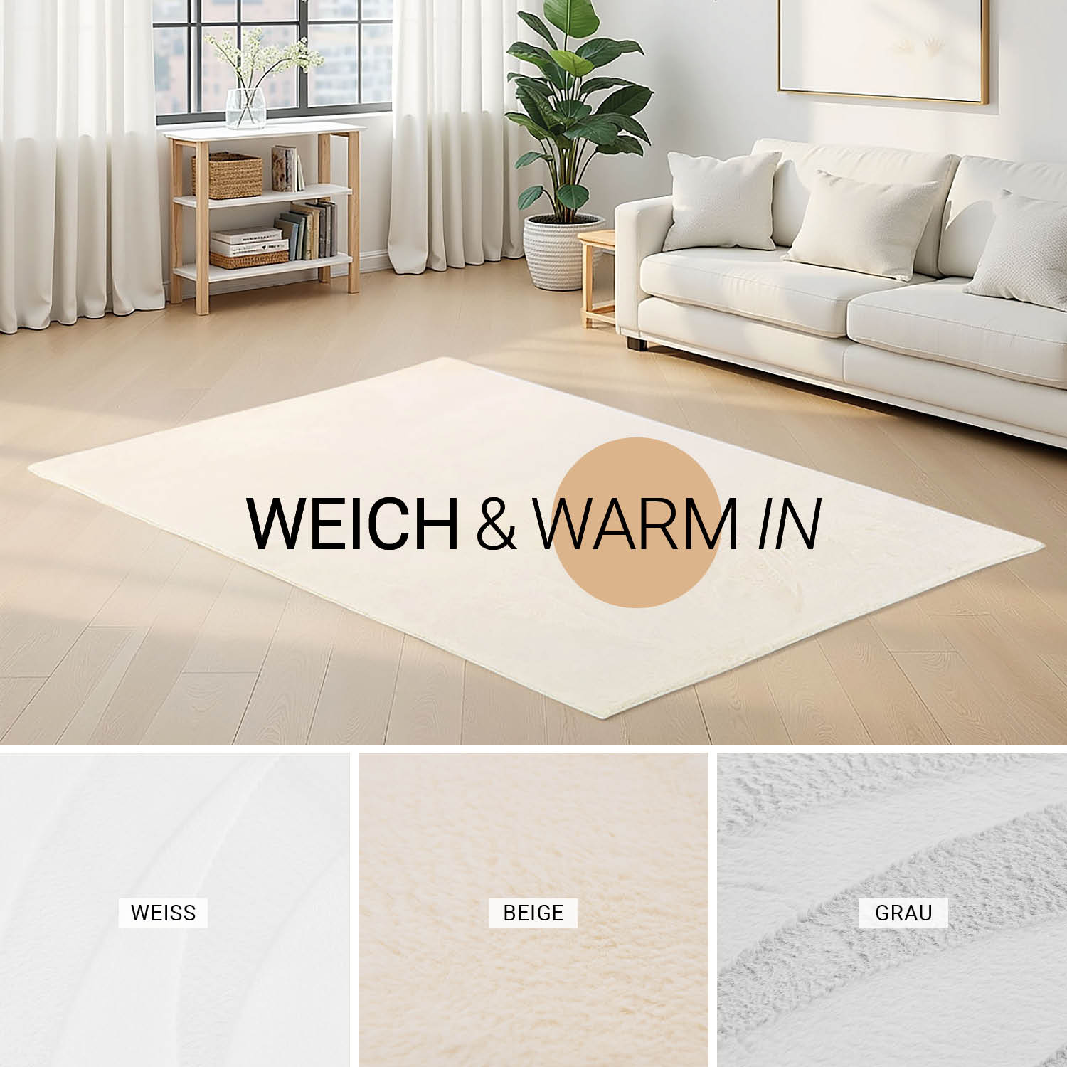 Soft Beige Rug 120x180 cm – Modern Short Pile Living Room Rug – Non Slip Bedroom Carpet – Washable Fluffy Area Rug