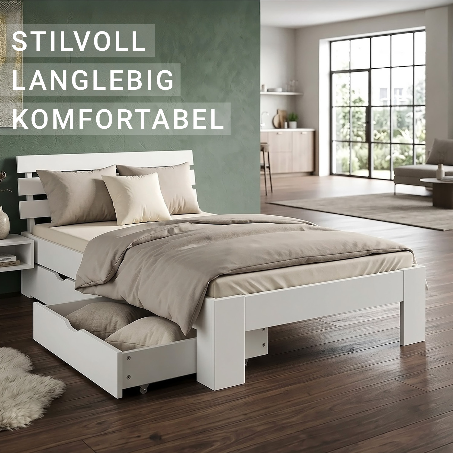 Wood Bed 90x200 cm White | Single Bed | with Spring Mattress | 2 Drawers | Youth Guest Bedroom