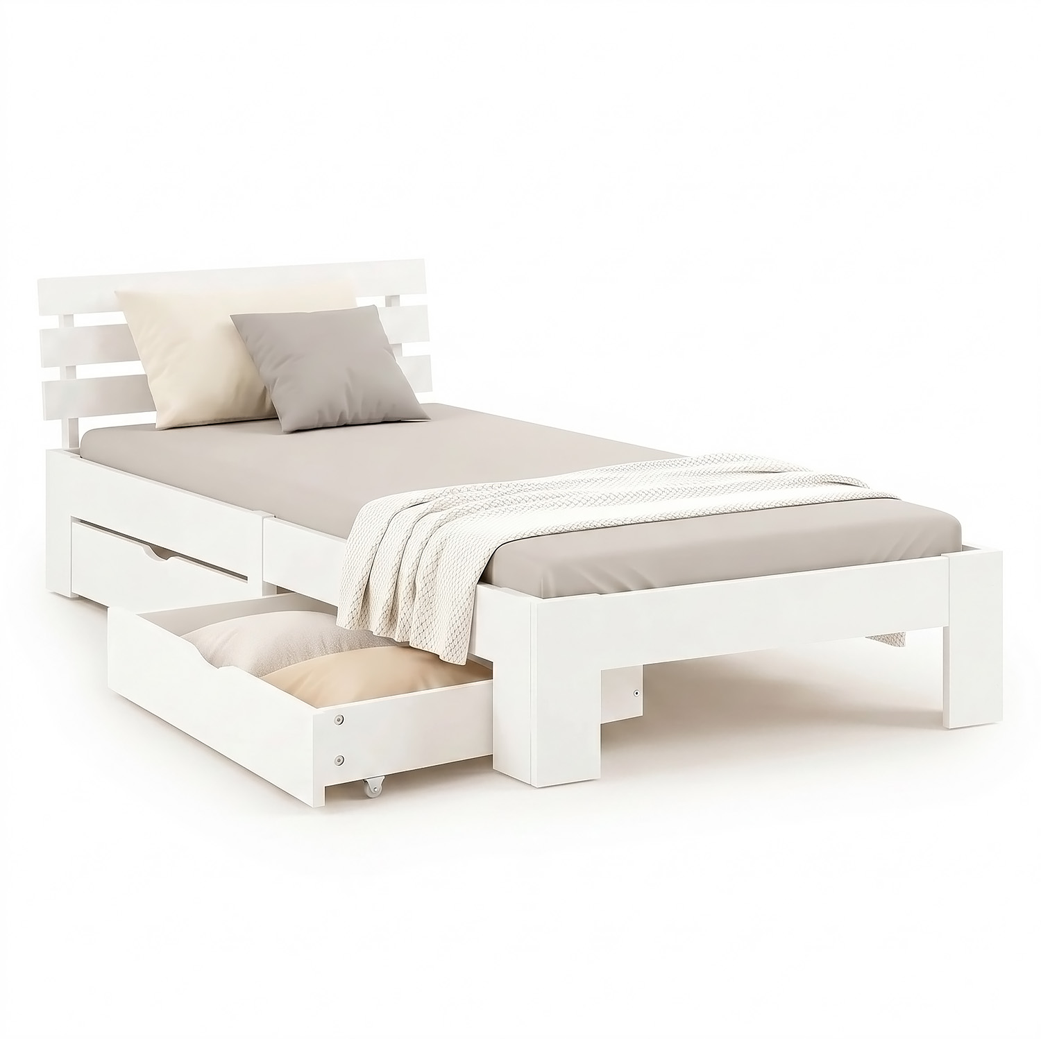 Wood Bed 90x200 cm White | Single Bed | with Spring Mattress | 2 Drawers | Youth Guest Bedroom