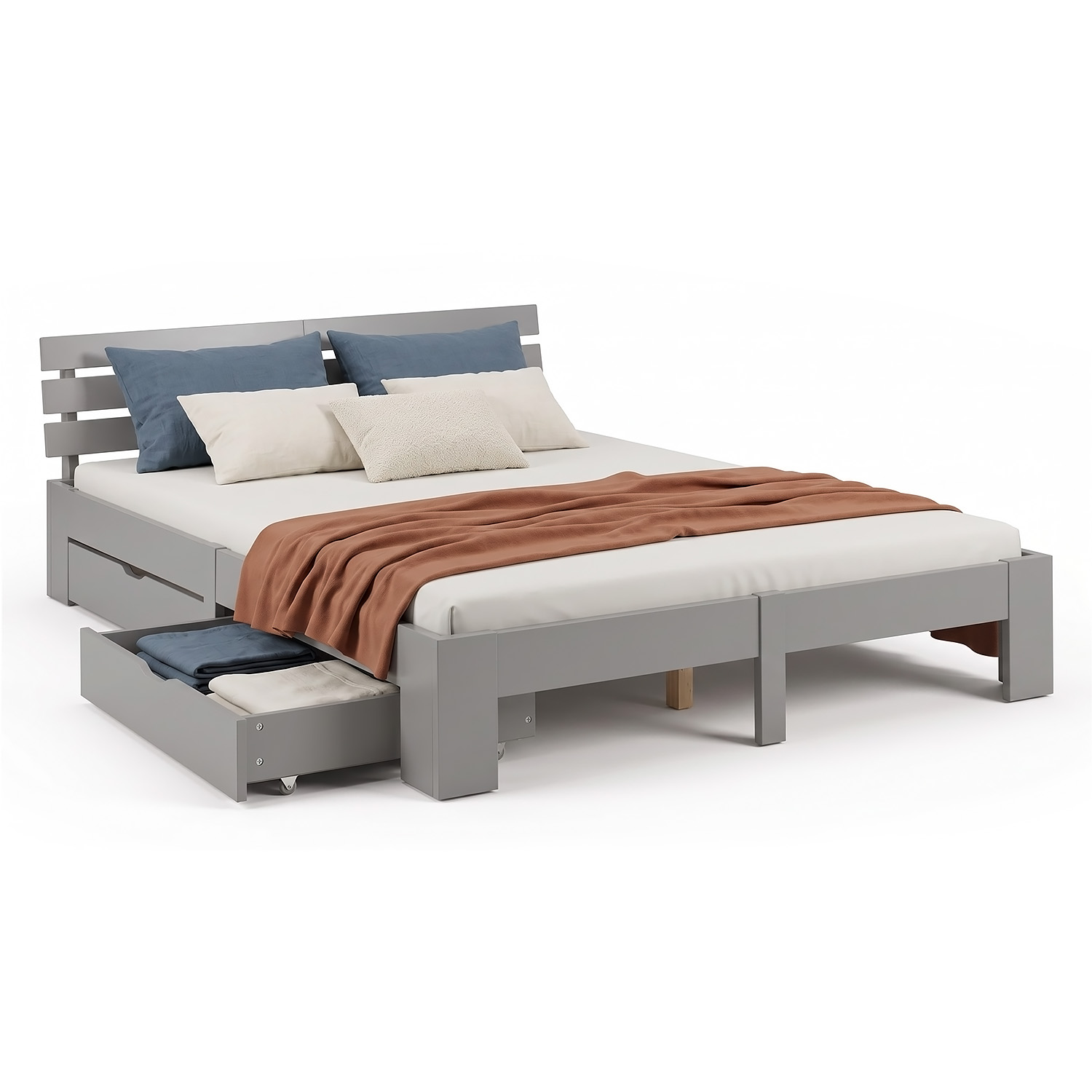 Wooden Bed 140x200 cm, Gray, with Storage Compartment & Slatted Base – Solid Wood Double Bed