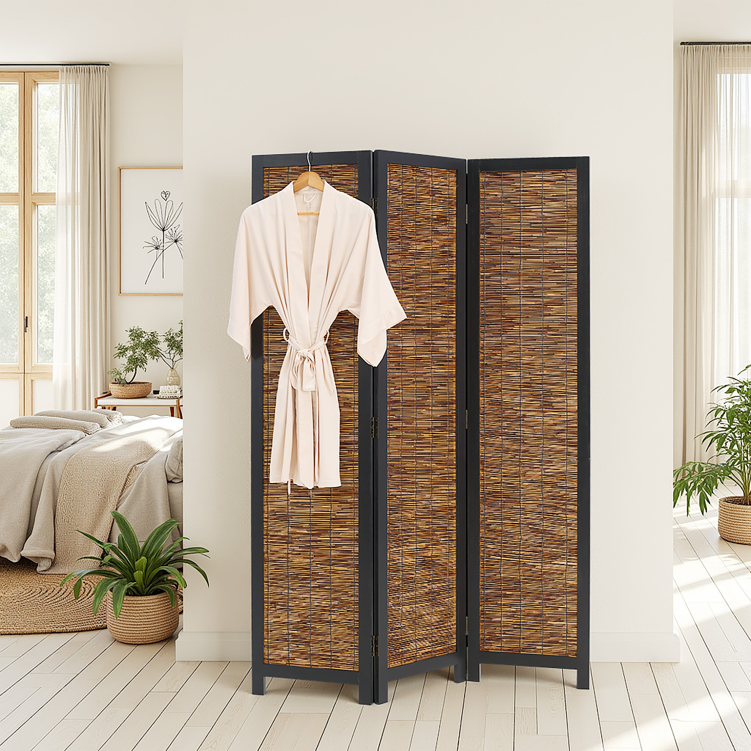 Paravent Black Wooden | 3-panel | Willow | Room Divider Partition Privacy Screen