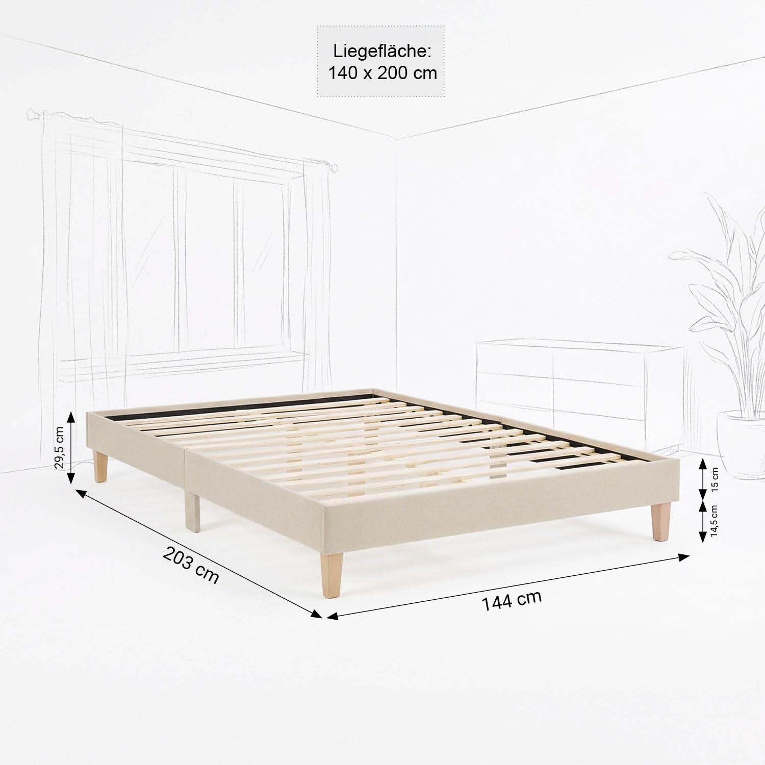 Upholstered bed 140x200 cm beige | futon bed | with slatted frame | double fabric bed frame
