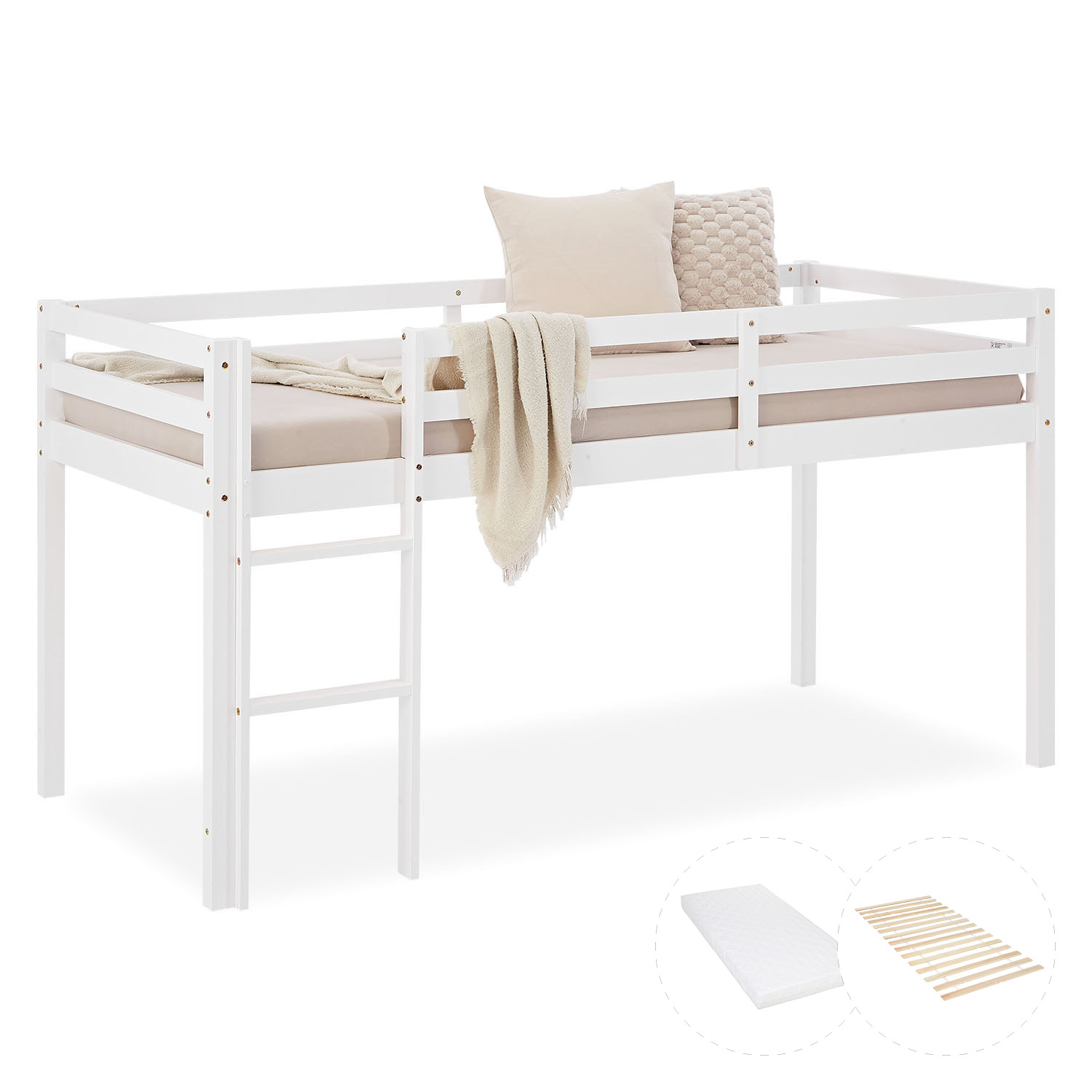 Kinderhochbett in Weiß mit Lattenrost und Matratze. Das Bettgestell ist mit Matratze, Bettwäsche und Kissen auf weißem Hintergrund abgebildet. Die Rahmenkonstruktion und die Liegefläche sind in der schrägen Produktansicht sichtbar.