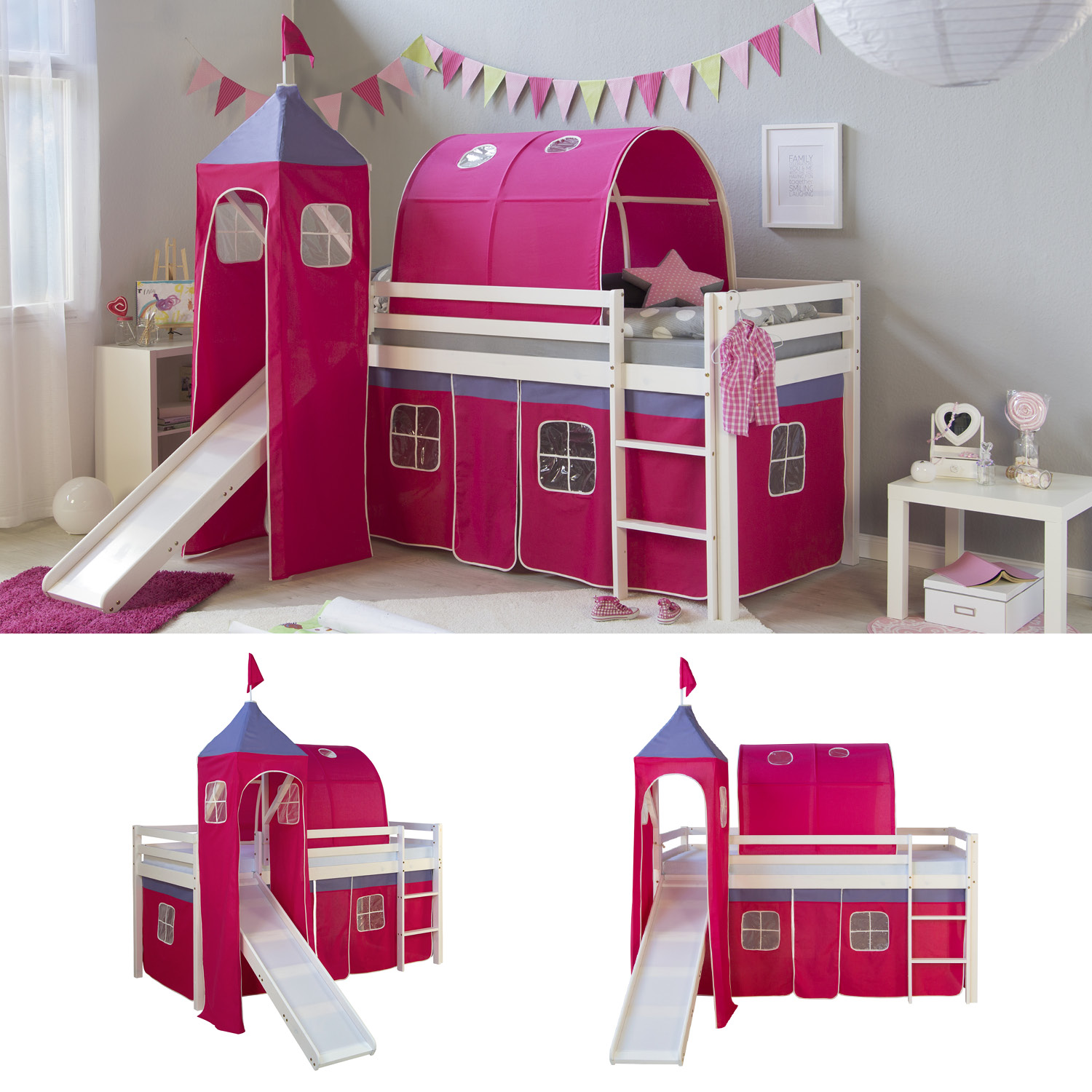Loft Bed Kids 90x200 cm White with Curtain in Pink | Tunnel | Tower | Slide | without Slatted Frame