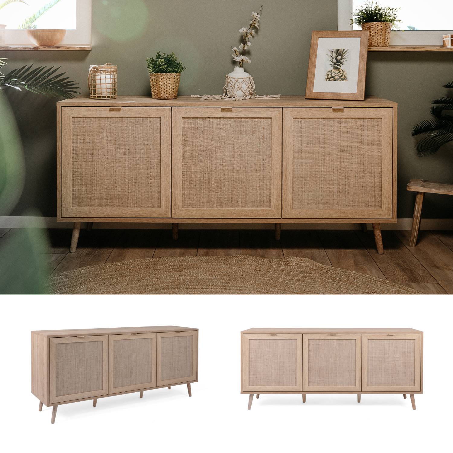 Sideboard Cabinet Cupboard Storage Solide Wood Rafia Brown