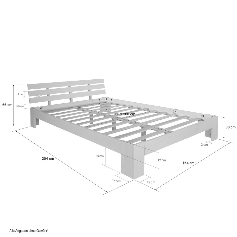 Wood Bed 160x200 cm White | Double Bed | with Slatted Frame | Solid | Kids Youth Guest Bedroom