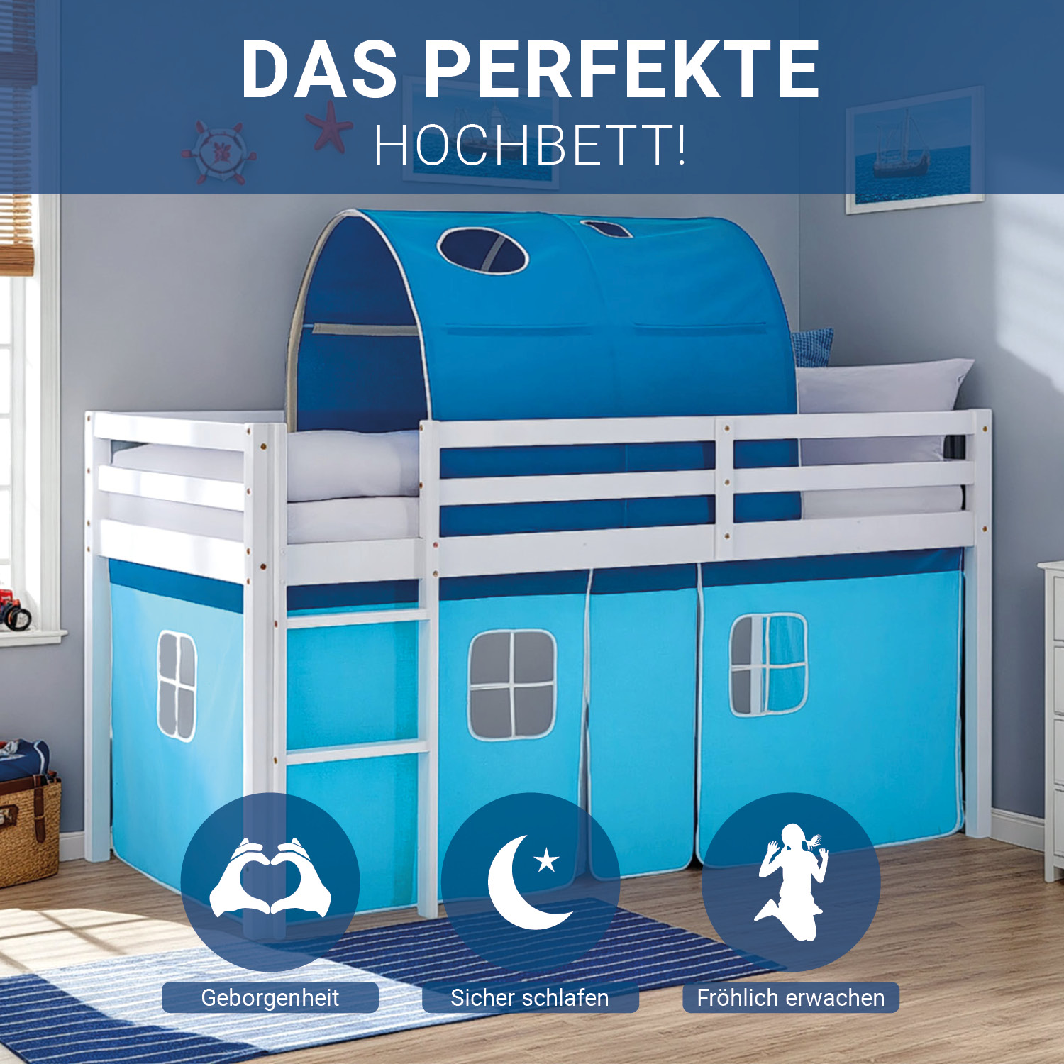 Children's Loft Bed 90x200 cm White with Blue Curtain | Tunnel | Includes Slatted Base and Mattress