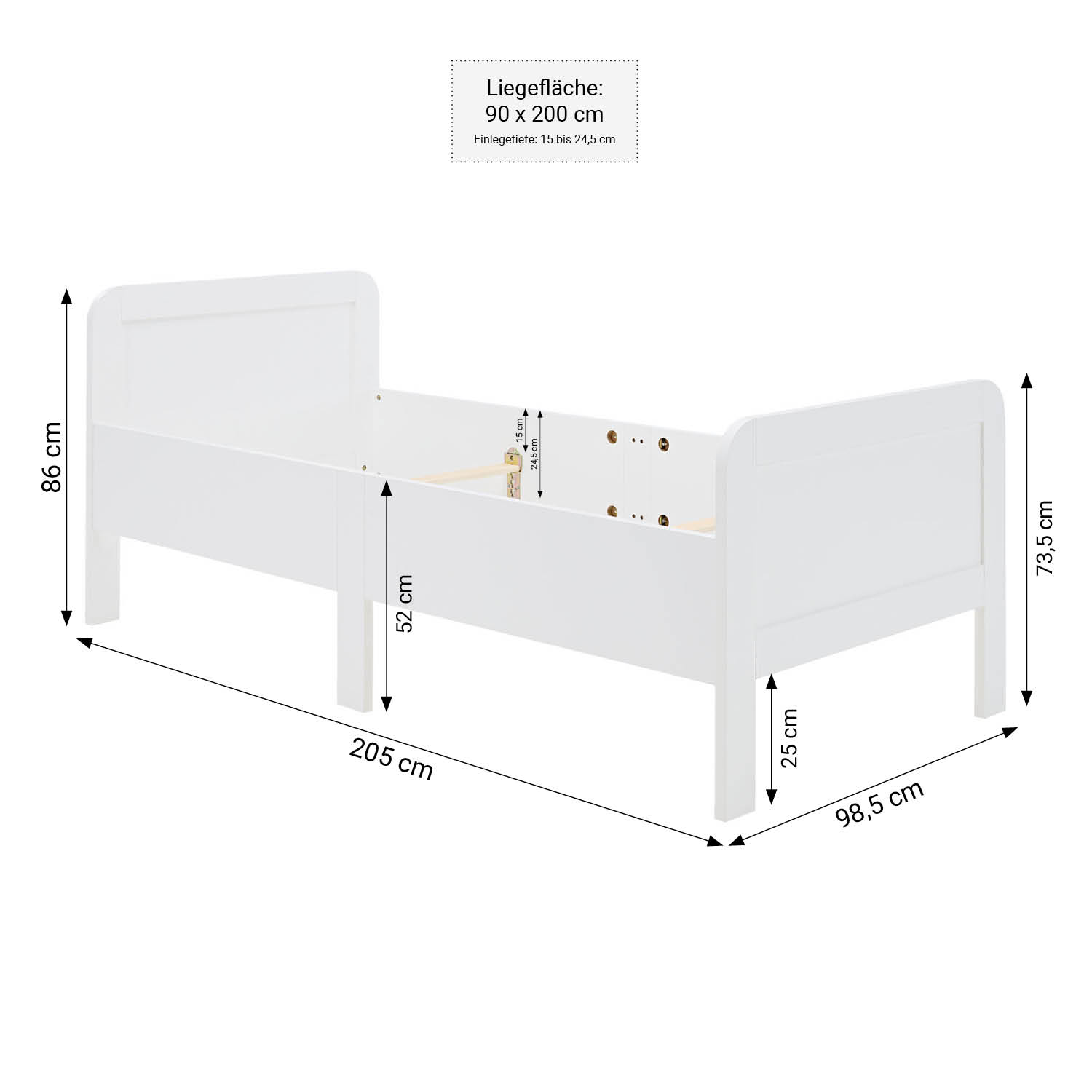 Comfort Bed 90x200 cm White | Senior Bed Height Adjustable | Single Bed | Wood | without Slatted Frame