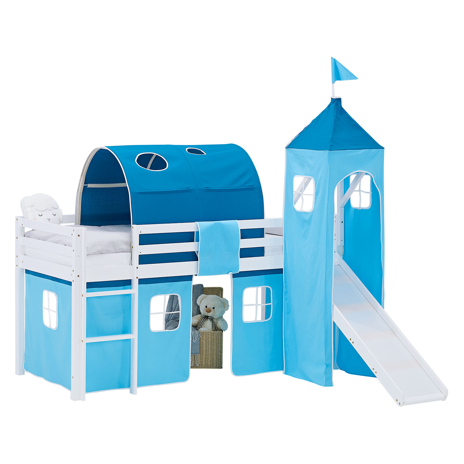 Loft Bed for Kids 90x200 cm White with Curtain in Blue | Slide | Tower | Tunnel | with Slatted Frame and Mattress