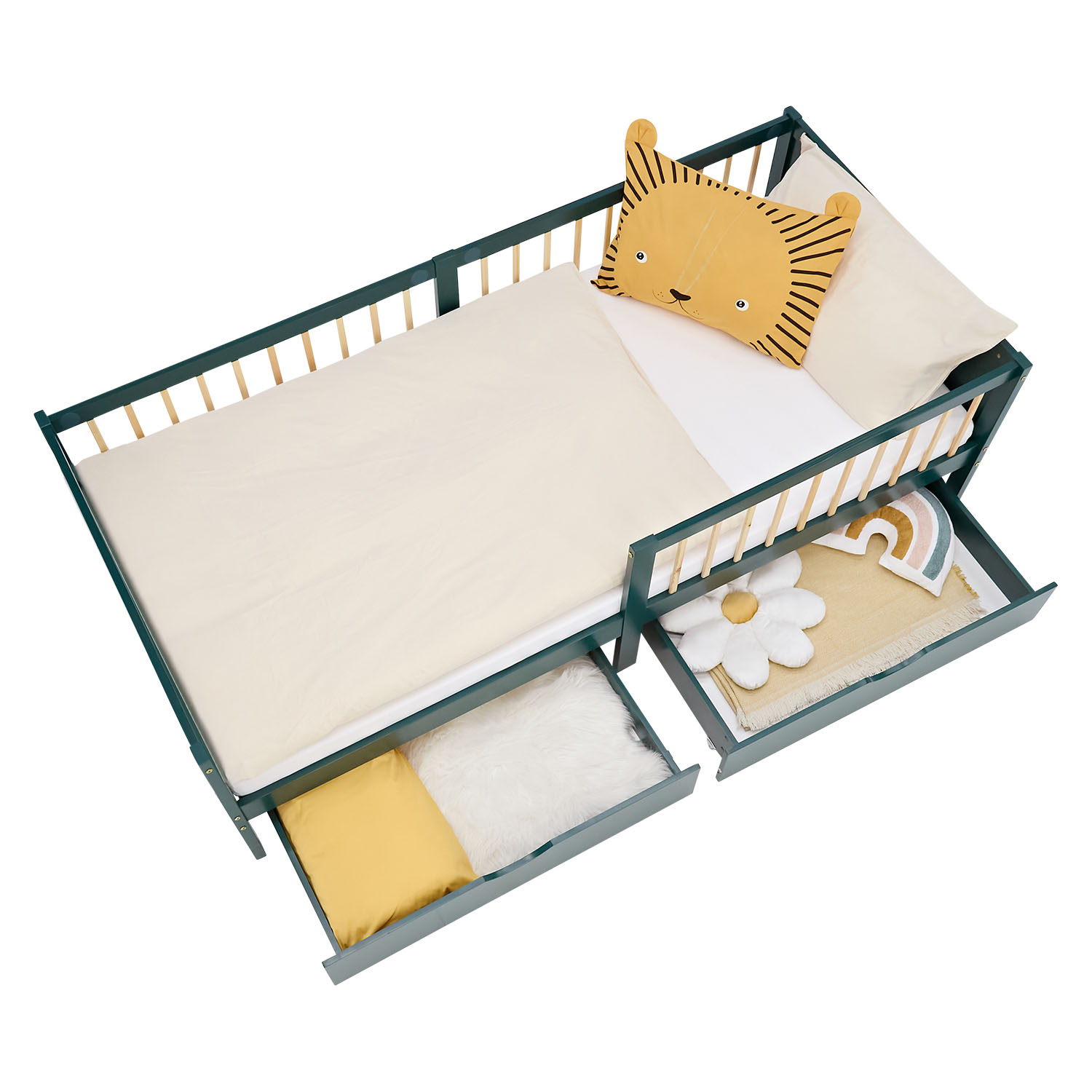 Children's Bed 90x200 cm Green | Wooden bed with mattress | Single Bed | 2 drawers | Fall Protection