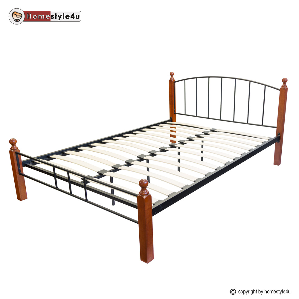 Metal Bed Iron Bed Double 180 x 200 Wood Slatted black brown bed frame 915