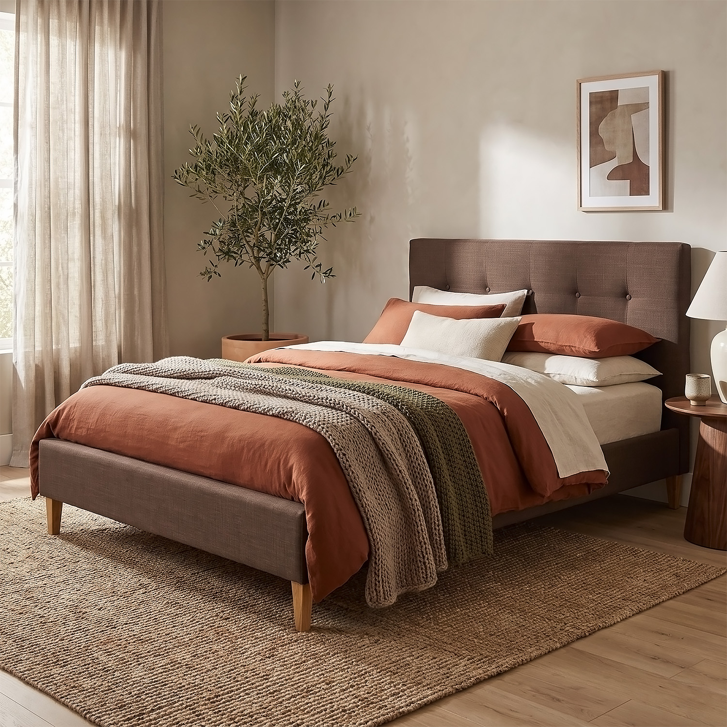 Upholstered bed 140x200 cm brown | futon bed | with slatted frame | double fabric bed frame
