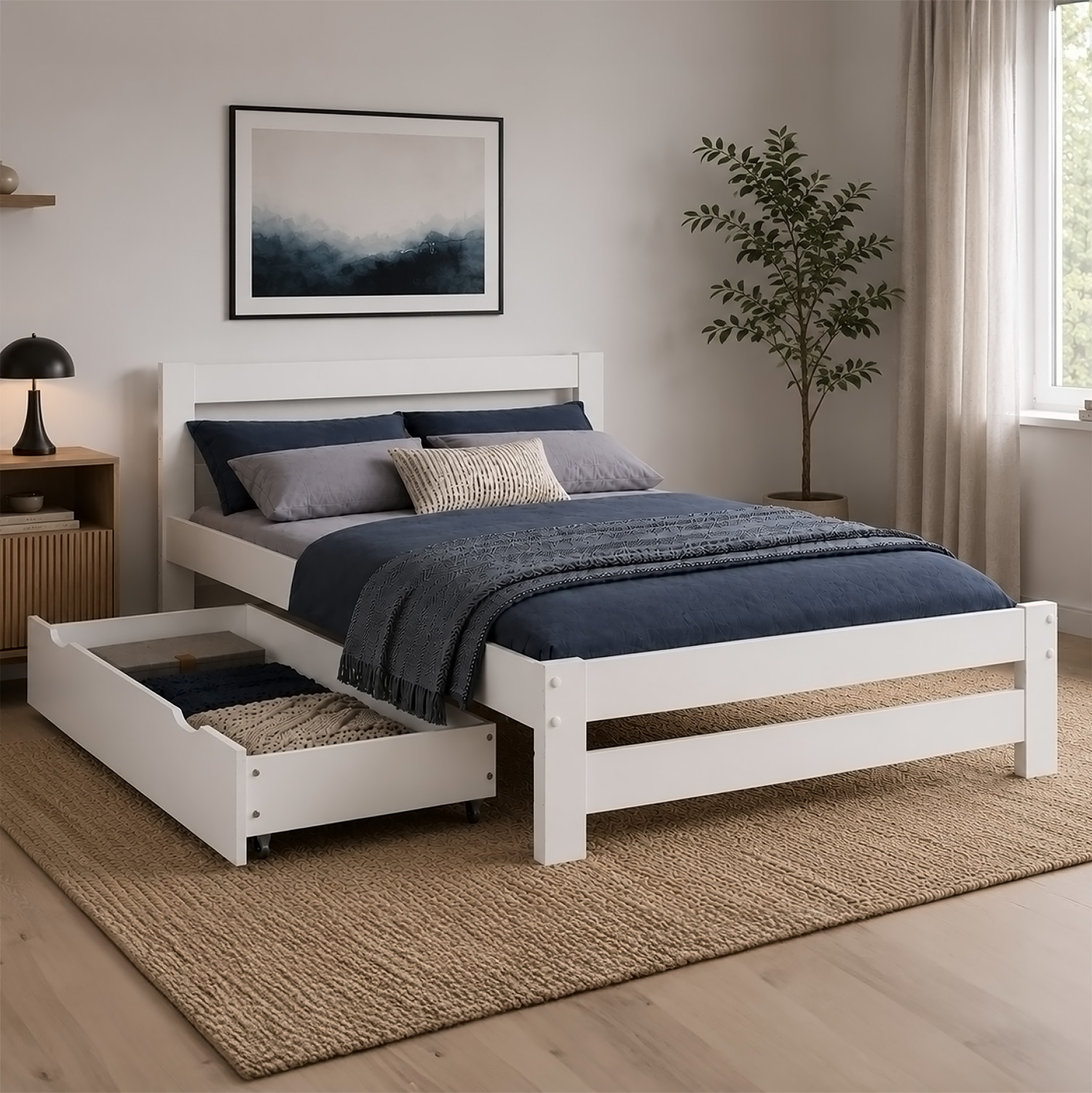 Wooden Bed 140x200 cm White – Solid Wood Double Bed with Storage & Slatted Base