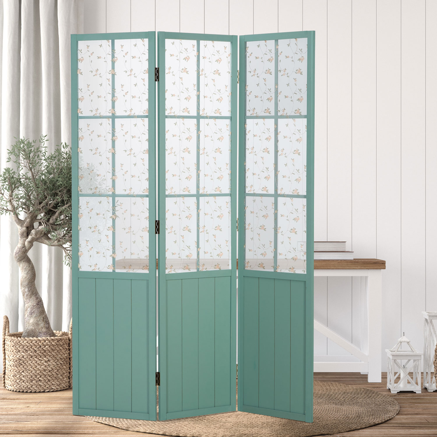 Paravent Turquoise Country House Style | Fabric Cover Floral Pattern | 3-panel | Wood | Room Divider Partition Privacy Screen