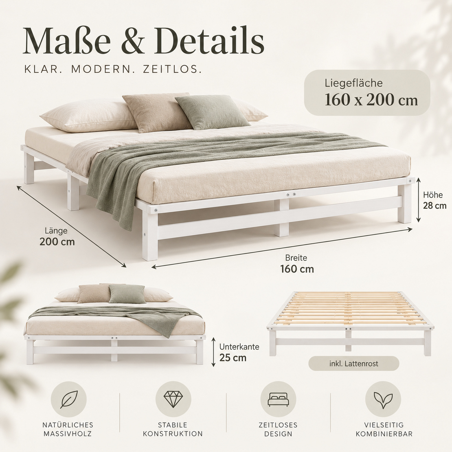 160x200 cm White Pallet Bed – Wooden Double Bed with 2 Mattress & Slatted Base for Teen Rooms, Guest Rooms, and Bedrooms