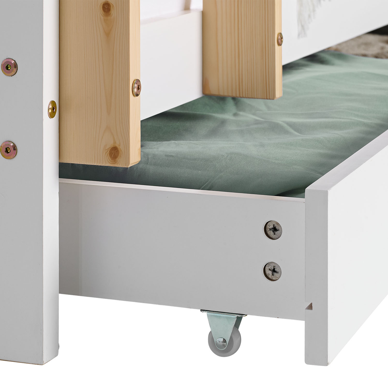 Bunk Bed 3 Levels 90x200 cm White | Ladders Natural | with Bed Drawer | with Slatted Frame