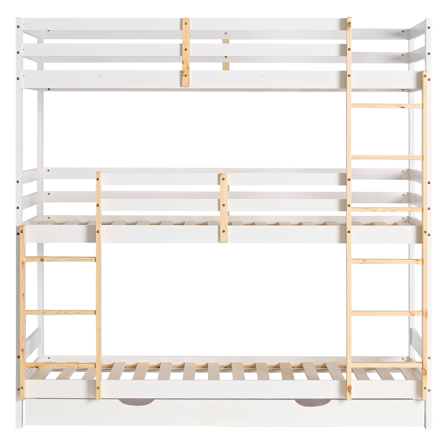 Bunk Bed 3 Levels 90x200 cm White | Ladders Natural | with Bed Drawer | with Slatted Frame