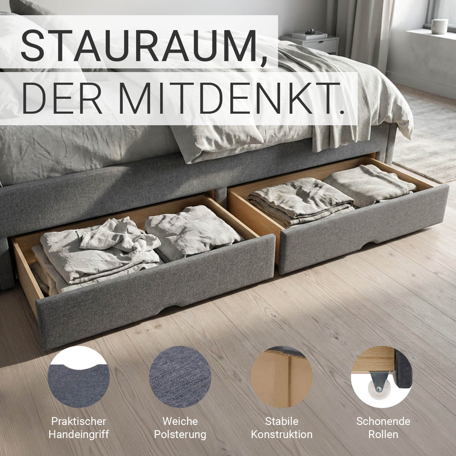 Set of 2 Grey Bed Drawers – Rollable bed drawers with plenty of storage space | Quiet, sturdy, and space-saving