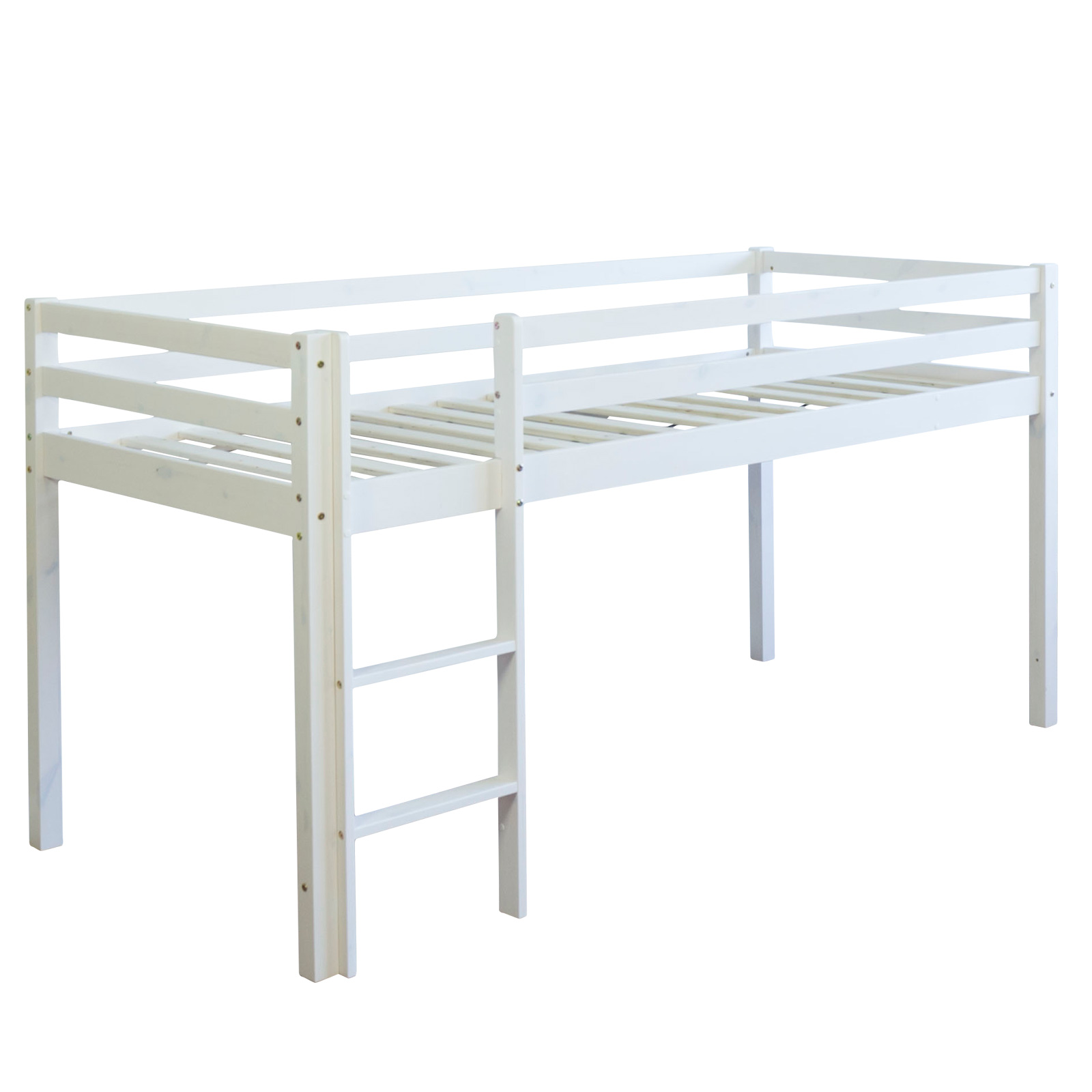 Loft Bed Kids 90x200 cm White with Curtain in Black | Tunnel | with Slatted Frame Loft Bed Kids 90x200 cm White with Curtain in Pink | Tunnel | with Slatted Frame